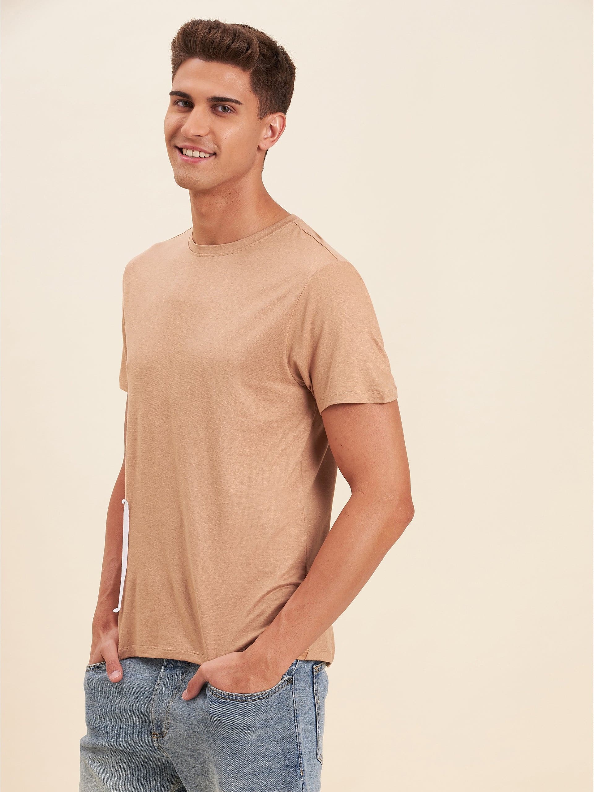 Men's Beige Viscose IMAGINE A NEW REALITY T-Shirt - LYUSH-MASCLN