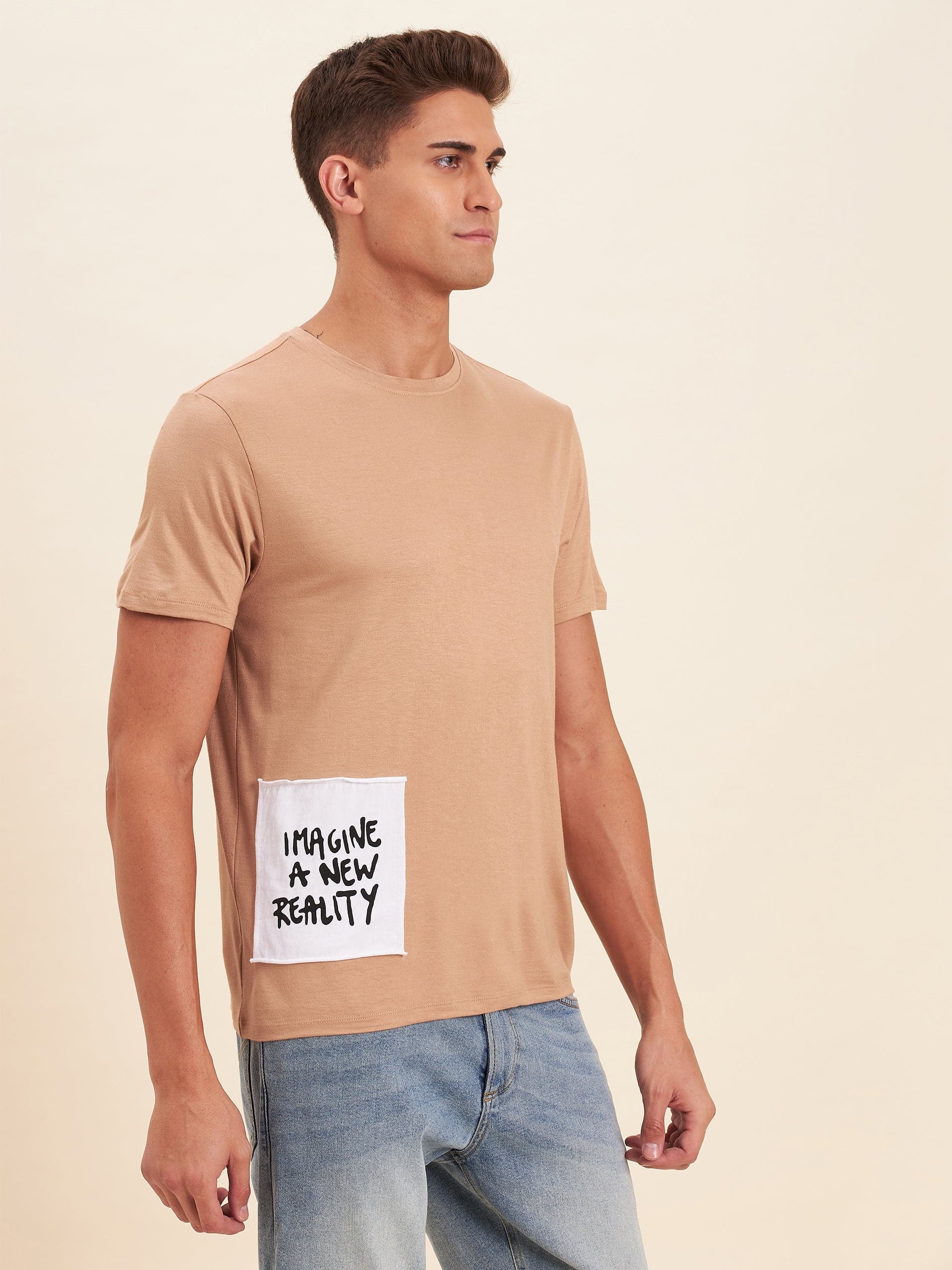 Men's Beige Viscose IMAGINE A NEW REALITY T-Shirt - LYUSH-MASCLN