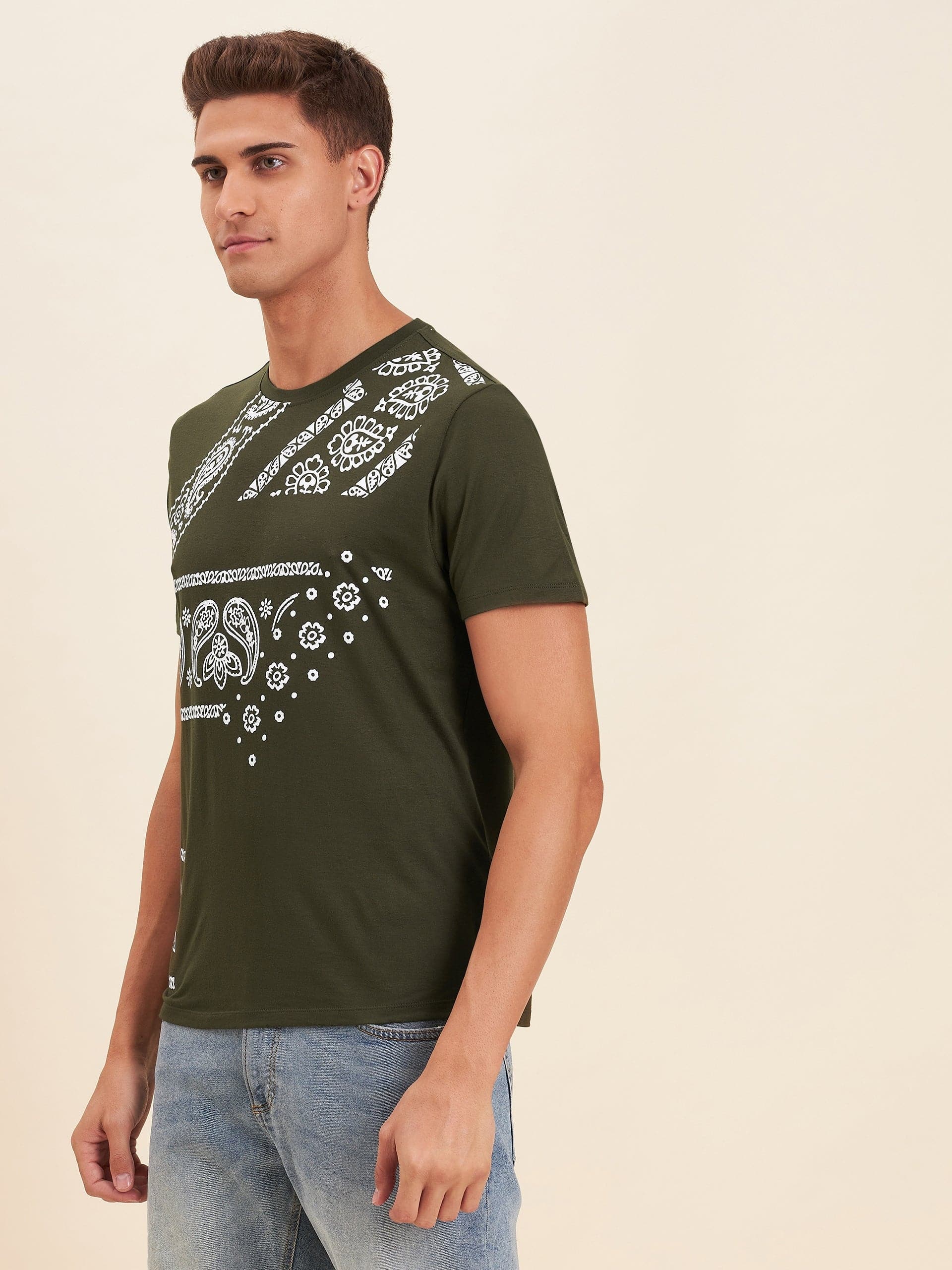 Men's Olive Viscose Motif Print T-Shirt - LYUSH-MASCLN