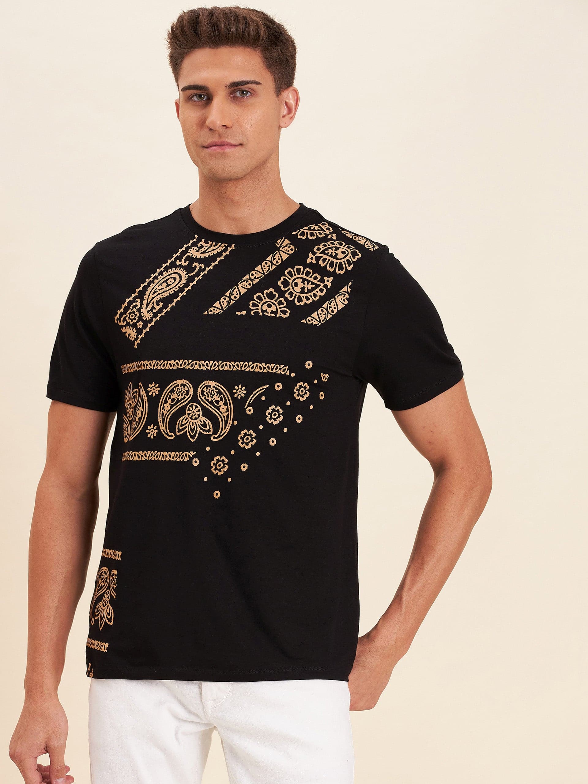 Men's Black Viscose Motif Print T-Shirt - LYUSH-MASCLN