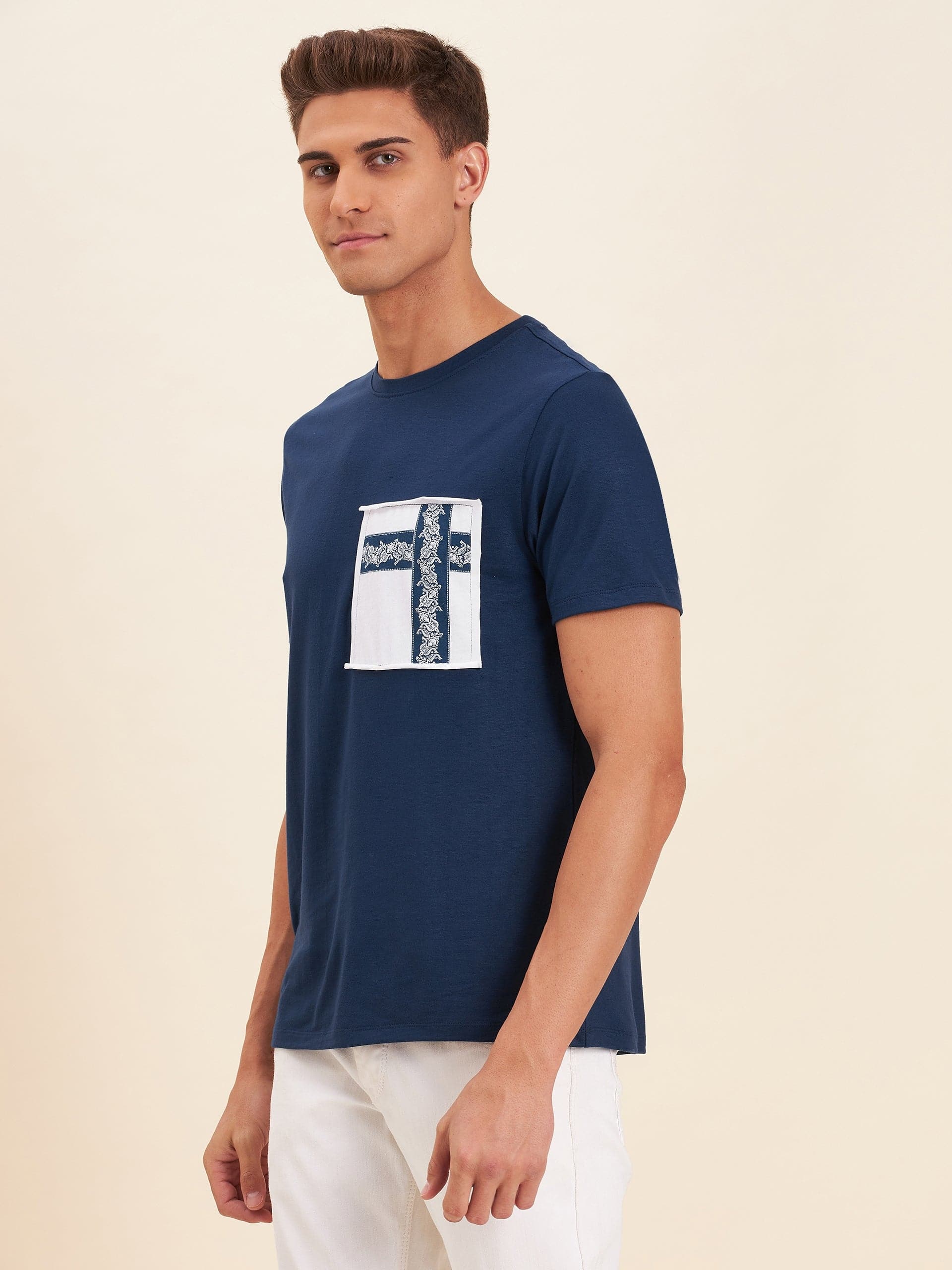 Men's Teal Blue Viscose Motif Print T-Shirt - LYUSH-MASCLN