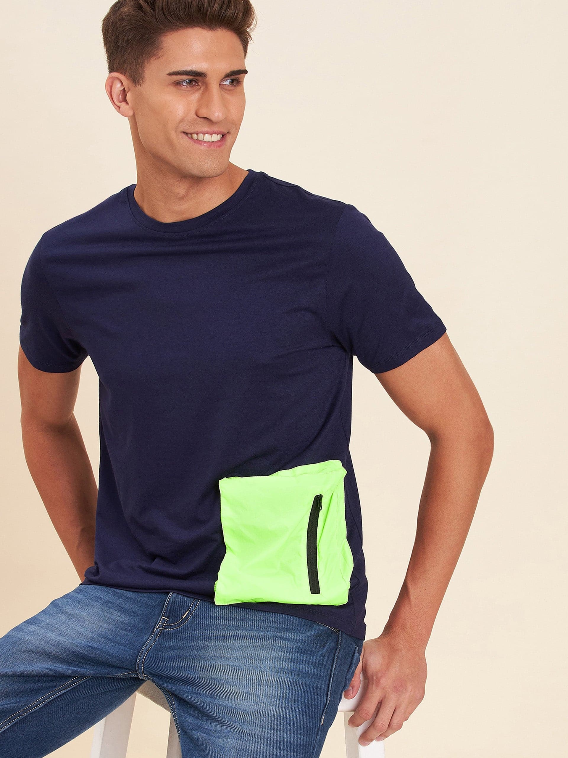 Men's Navy Viscose Zipper Box Pocket T-Shirt - LYUSH-MASCLN