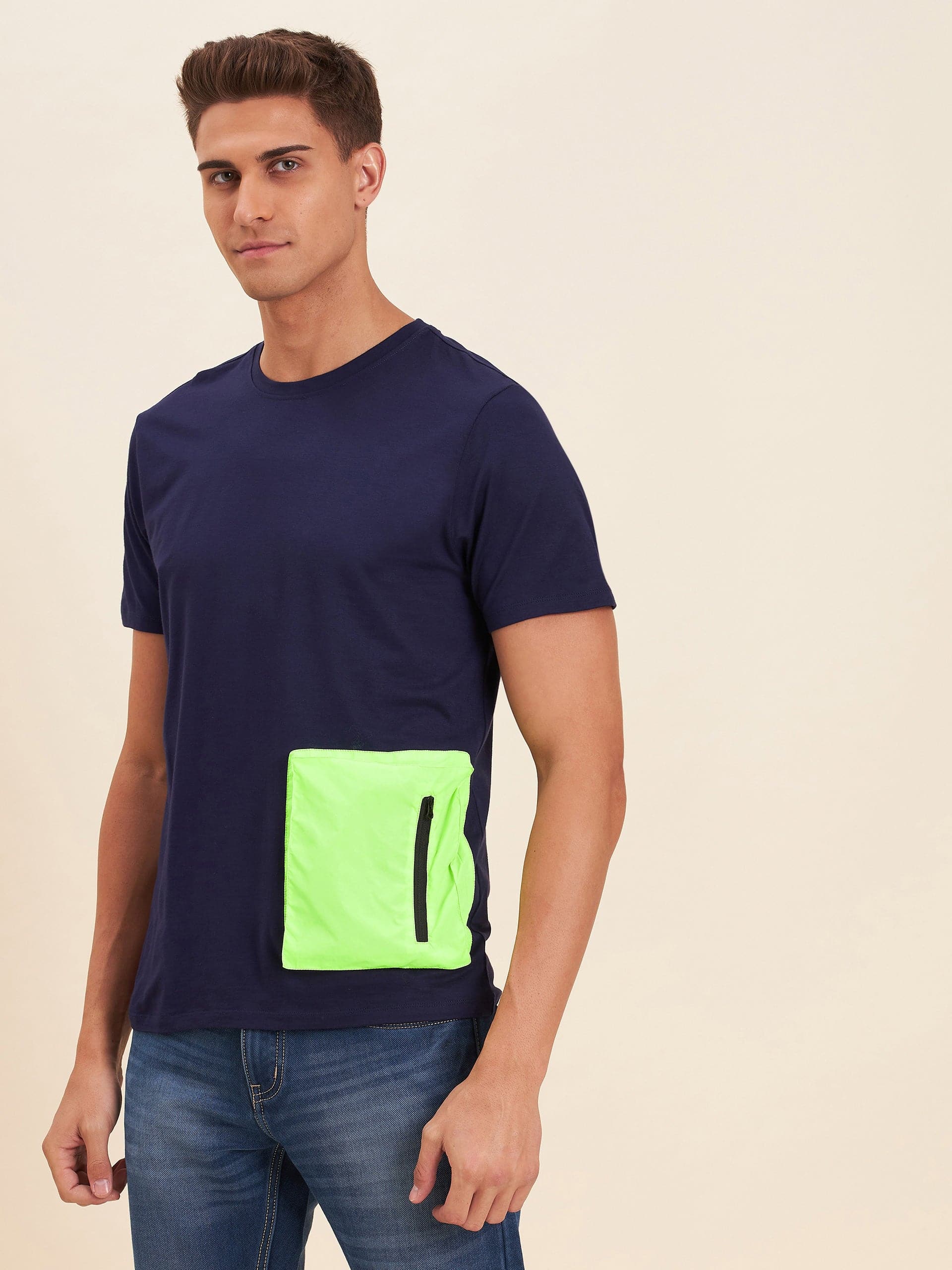 Men's Navy Viscose Zipper Box Pocket T-Shirt - LYUSH-MASCLN
