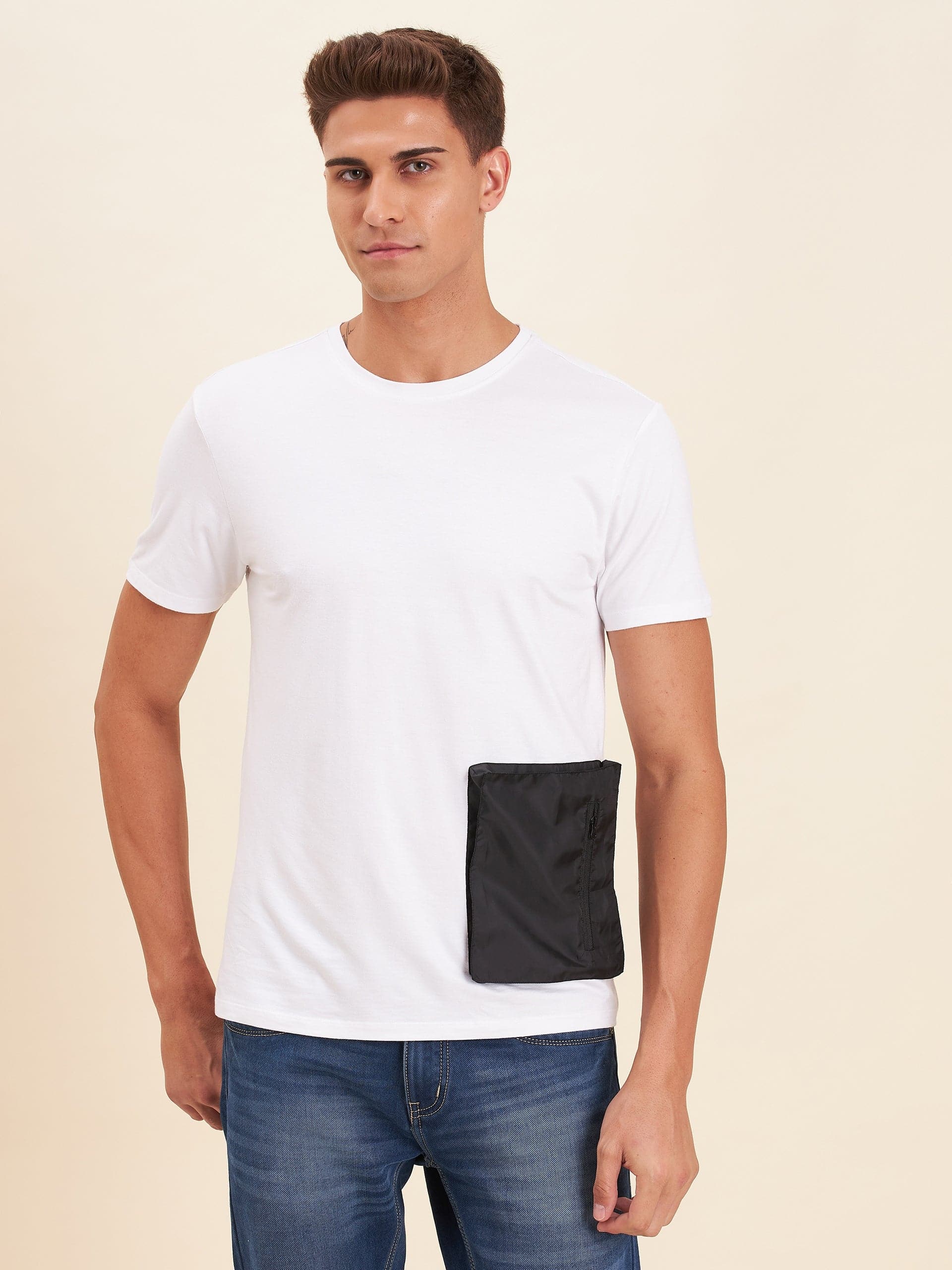 Men's White Viscose Zipper Box Pocket T-Shirt - LYUSH-MASCLN