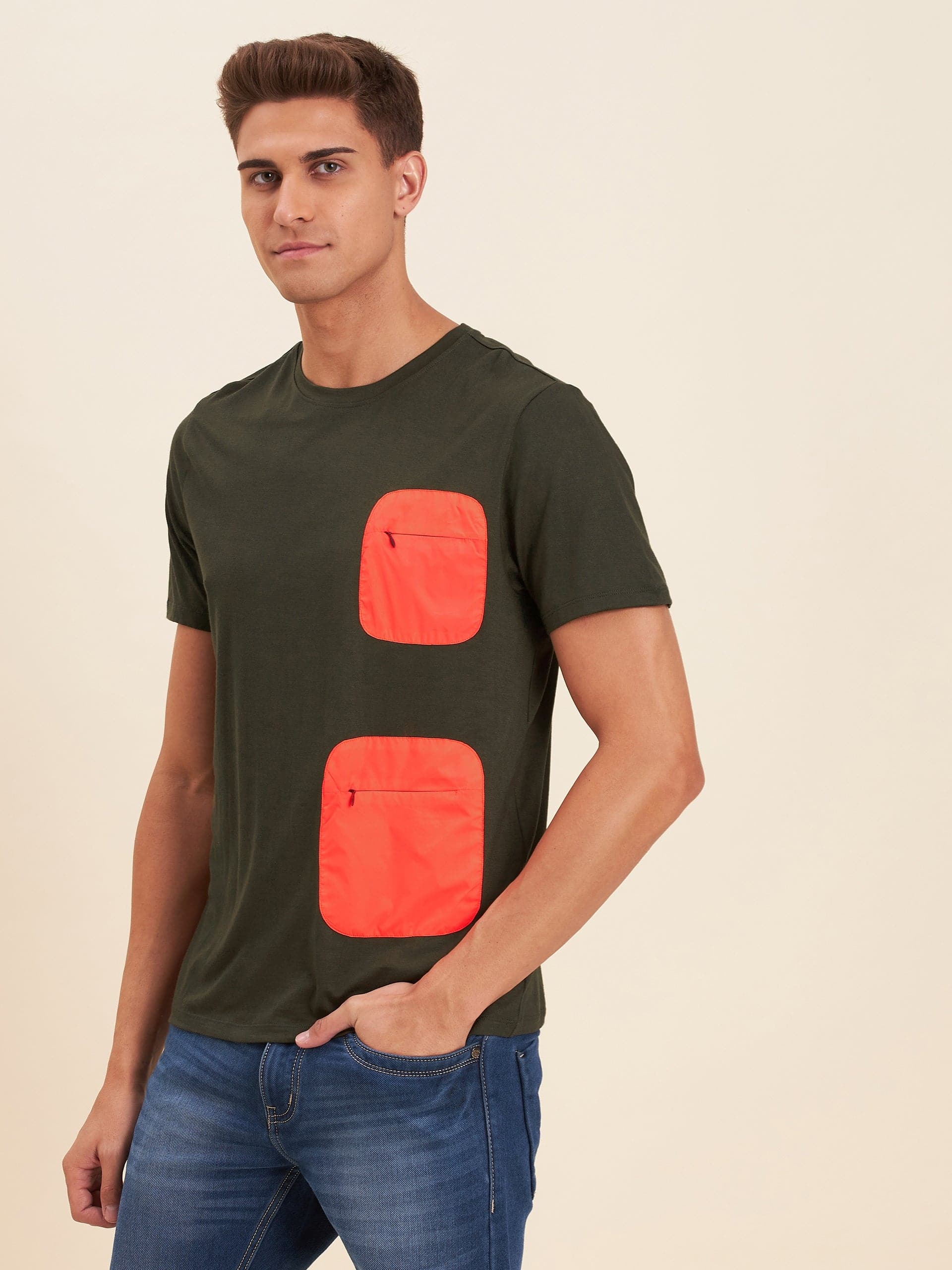 Men's Olive Viscose Zipper Pocket T-Shirt - LYUSH-MASCLN