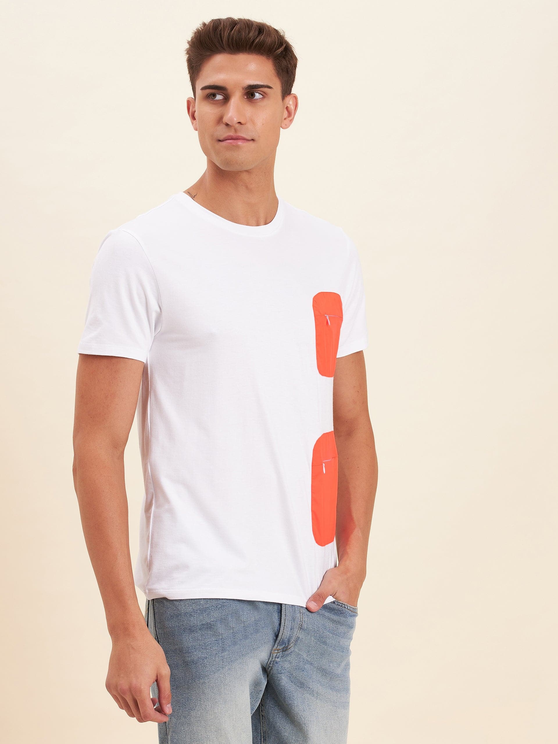 Men's White Viscose Zipper Pocket T-Shirt - LYUSH-MASCLN