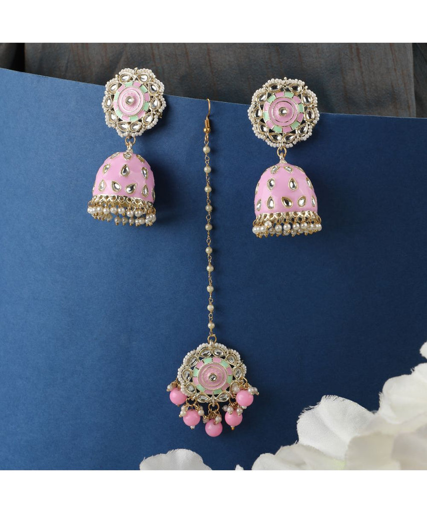 Women's Statement Gold Plated Enameled Pink Color Kundan and Pearl Studded Maangtika and Jhumka Earring Set