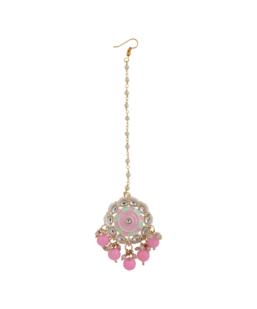 Women's Statement Gold Plated Enameled Pink Color Kundan and Pearl Studded Maangtika and Jhumka Earring Set - MODE MANIA