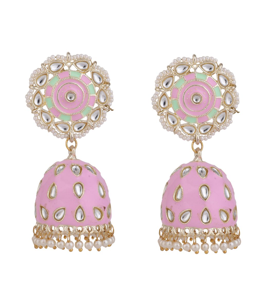 Women's Statement Gold Plated Enameled Pink Color Kundan and Pearl Studded Maangtika and Jhumka Earring Set - MODE MANIA
