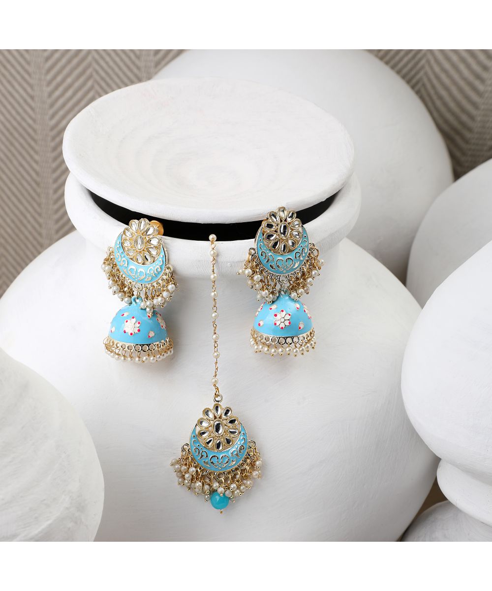 Women's Enameled Pink Color Gold Plated Kundan and Pearl Studded Maangtika and Jhumka Earring Set - MODE MANIA