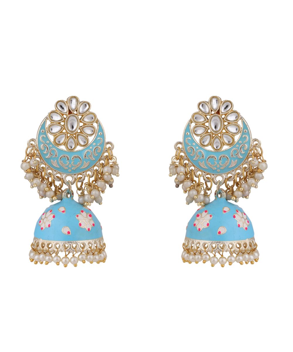 Women's Enameled Pink Color Gold Plated Kundan and Pearl Studded Maangtika and Jhumka Earring Set - MODE MANIA