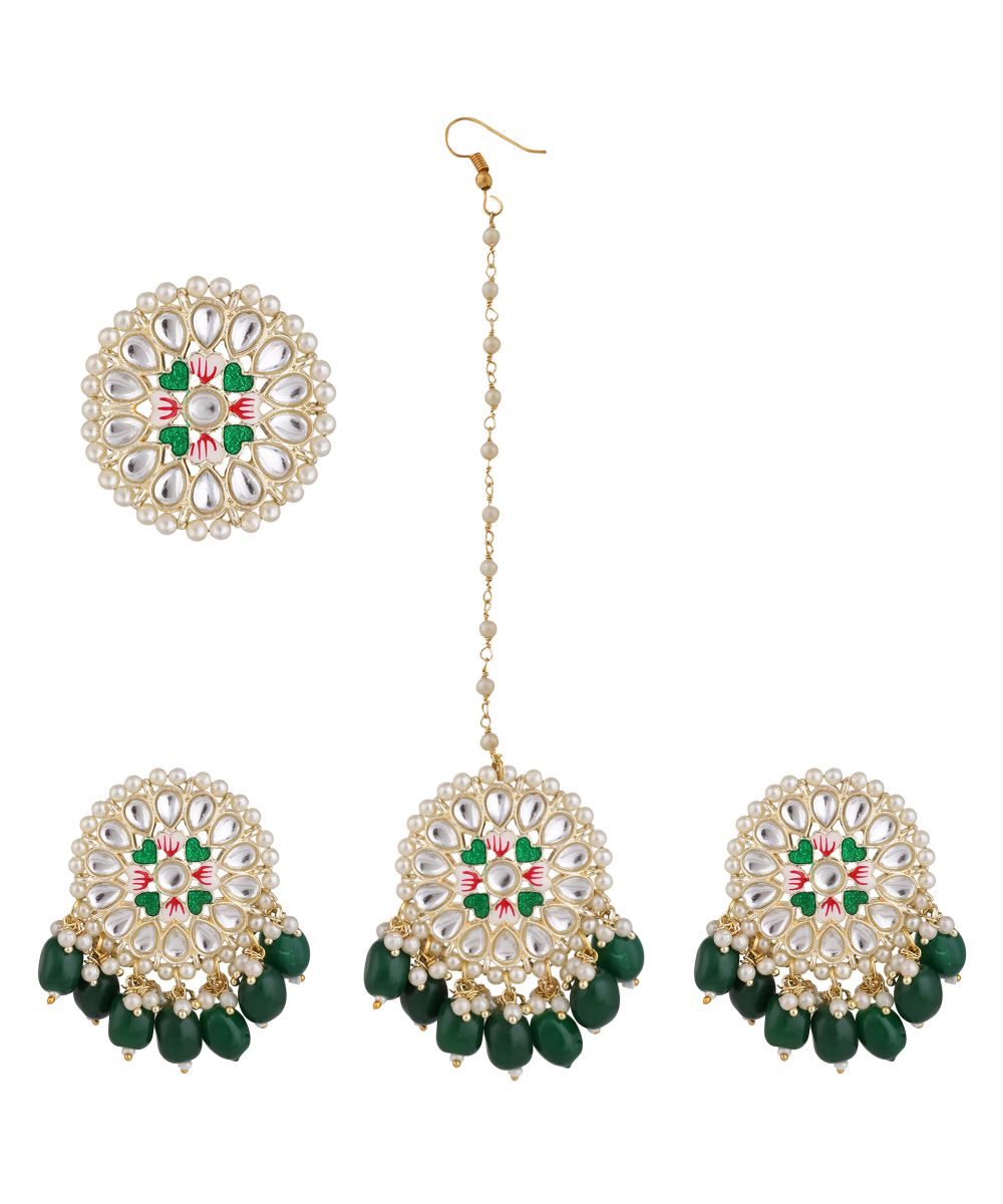 Women's Gold Plated Round shape Kundan and Pearl Studded Maang-tikka,Earrings and Ring Set - MODE MANIA