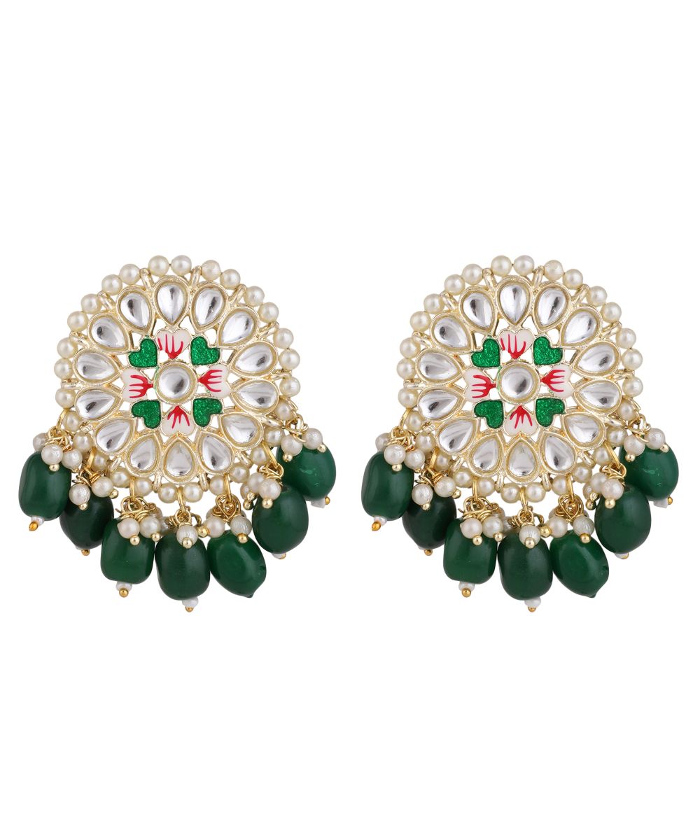 Women's Gold Plated Round shape Kundan and Pearl Studded Maang-tikka,Earrings and Ring Set - MODE MANIA