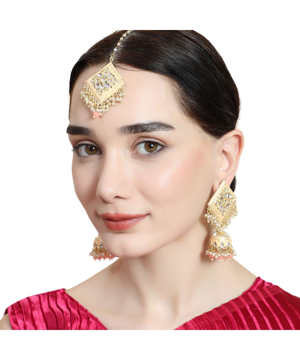 Women's Gold Plated Diamond Shape Stone studded Maang-tikka and Earring Set - MODE MANIA