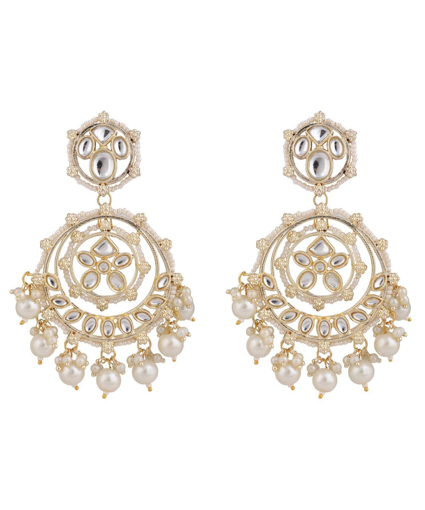 Women's Gold Plated Kundan and Pearl Studded Chandbali Maang-tikka and Jhumka Earring Set