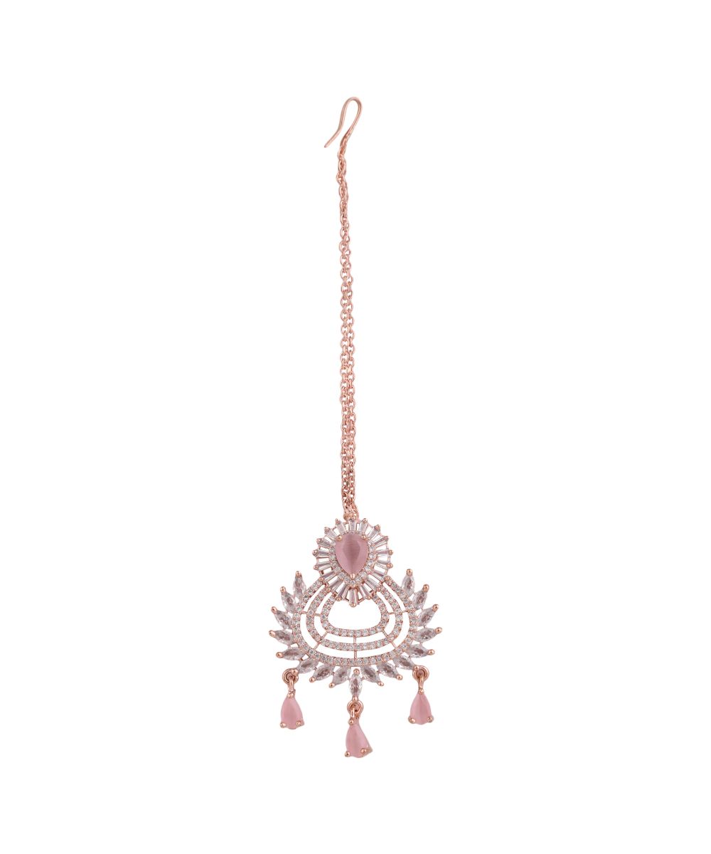 Women's Silver Plated American Diamond studded Pink colored stone Statement Maang-tikka - MODE MANIA