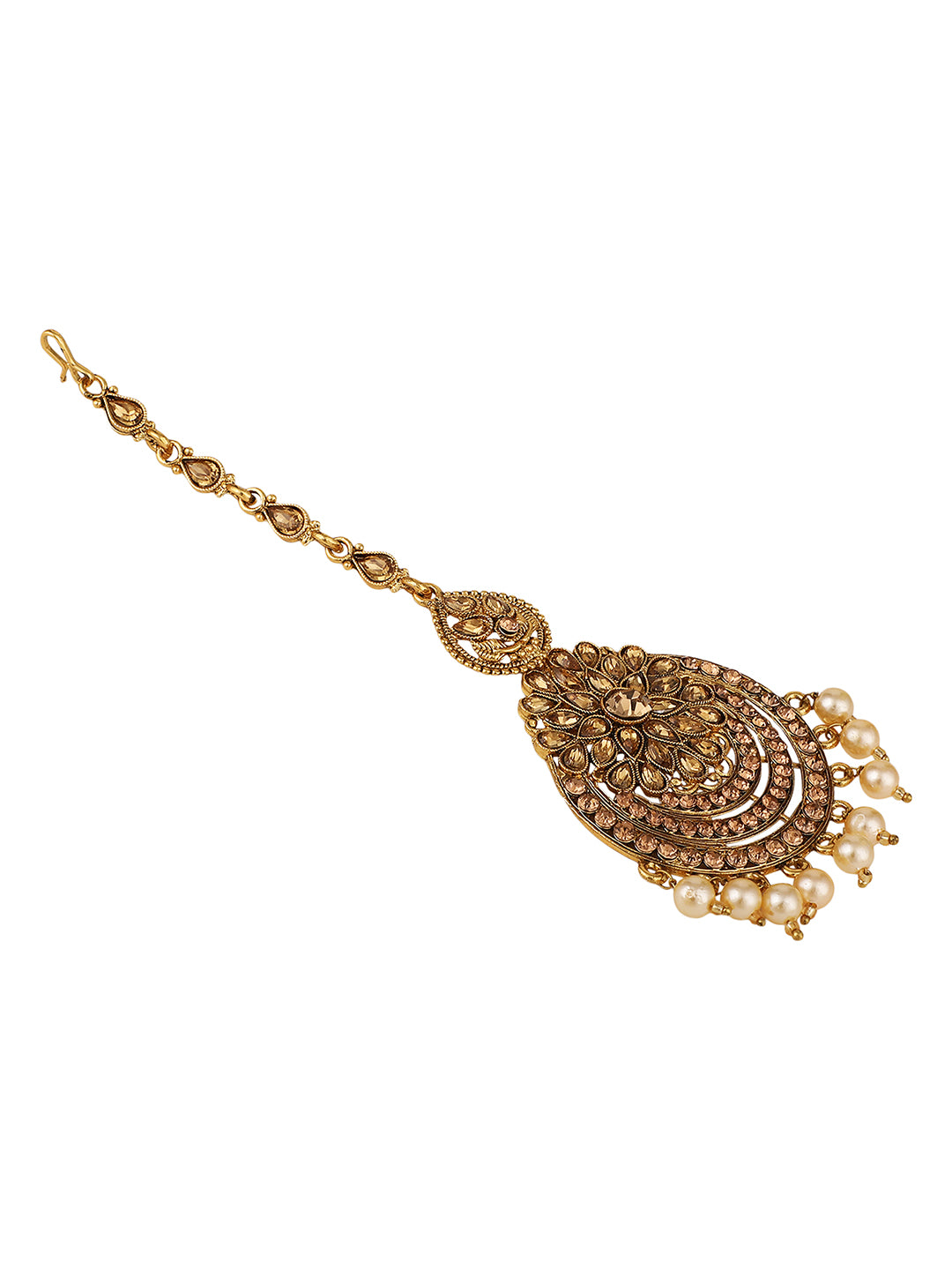 Women's/Girls Ethnic Gold Plated Stone Studded With Pearl Drop Floral Shaped Maangtikka- Mode Mania