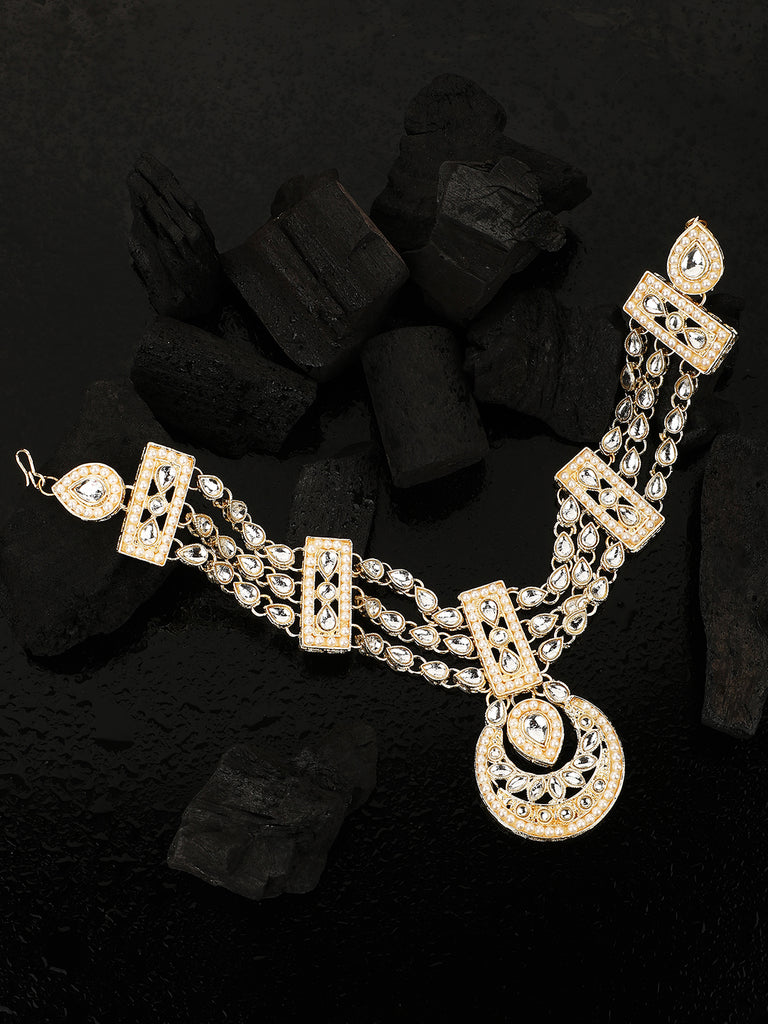 Women's/Girls Traditional Gold Plated Heavy Ornamental Stone And Pearl Studded  Maangtikka With Matha Patti