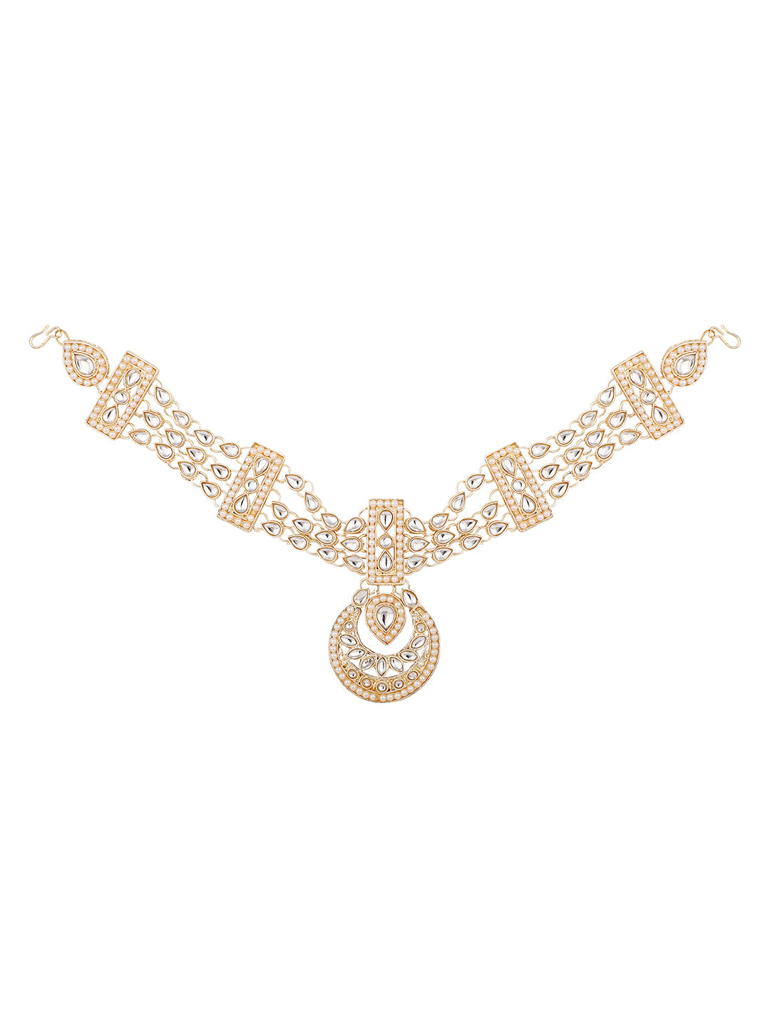 Women's/Girls Traditional Gold Plated Heavy Ornamental Stone And Pearl Studded  Maangtikka With Matha Patti - Mode Mania