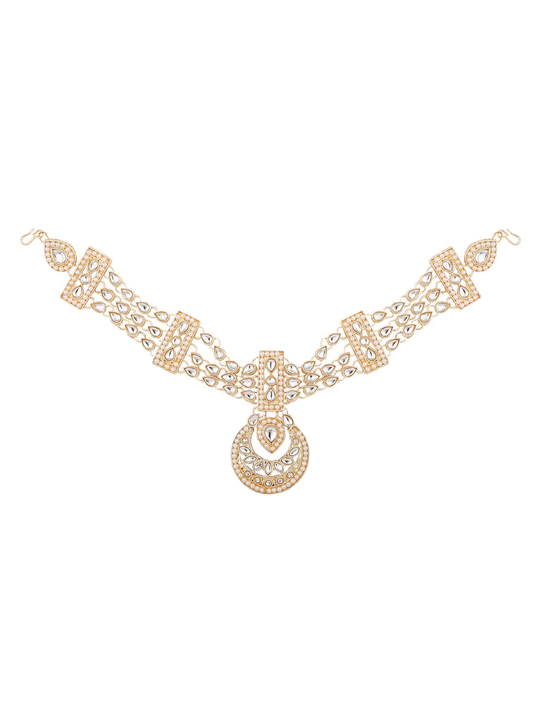 Women's/Girls Traditional Gold Plated Heavy Ornamental Stone And Pearl Studded  Maangtikka With Matha Patti