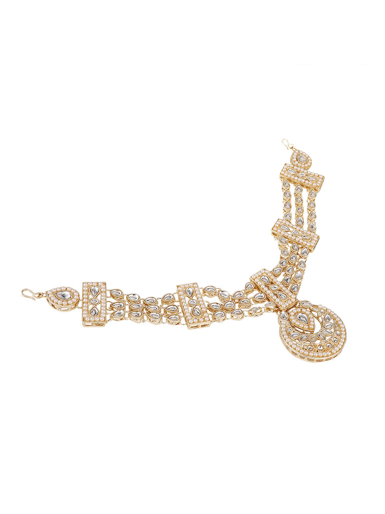 Women's/Girls Traditional Gold Plated Heavy Ornamental Stone And Pearl Studded  Maangtikka With Matha Patti