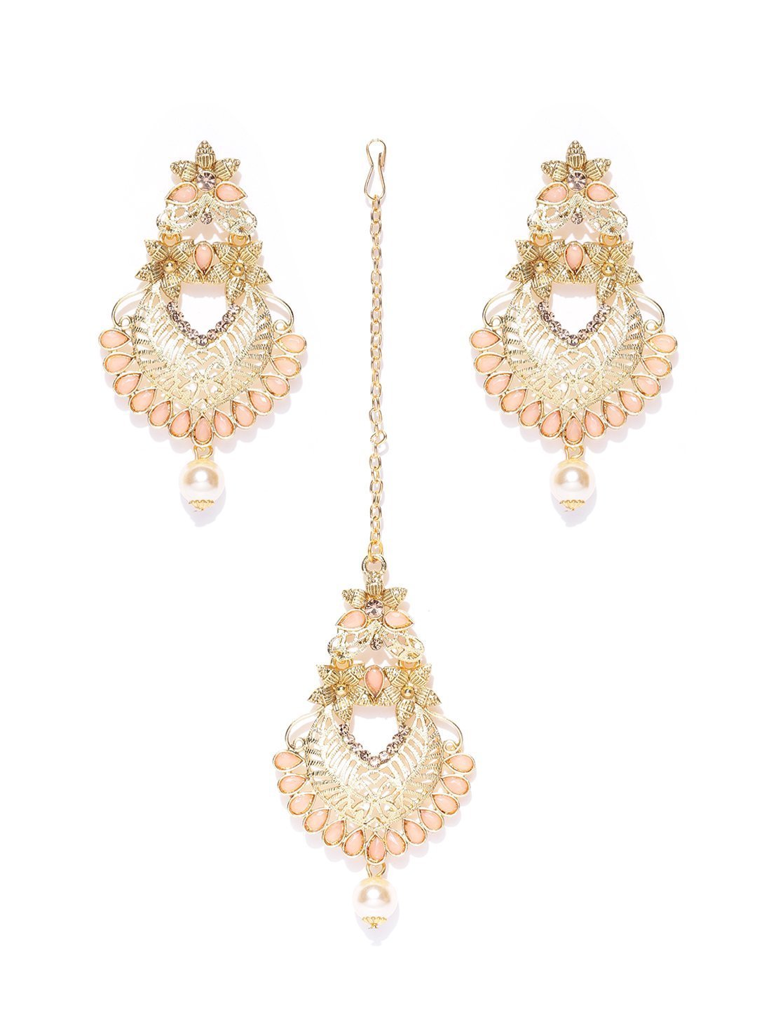 Gold-Plated Stone Studded Meenakari Earrings with Beads Drop in Peach –  Priyaasi