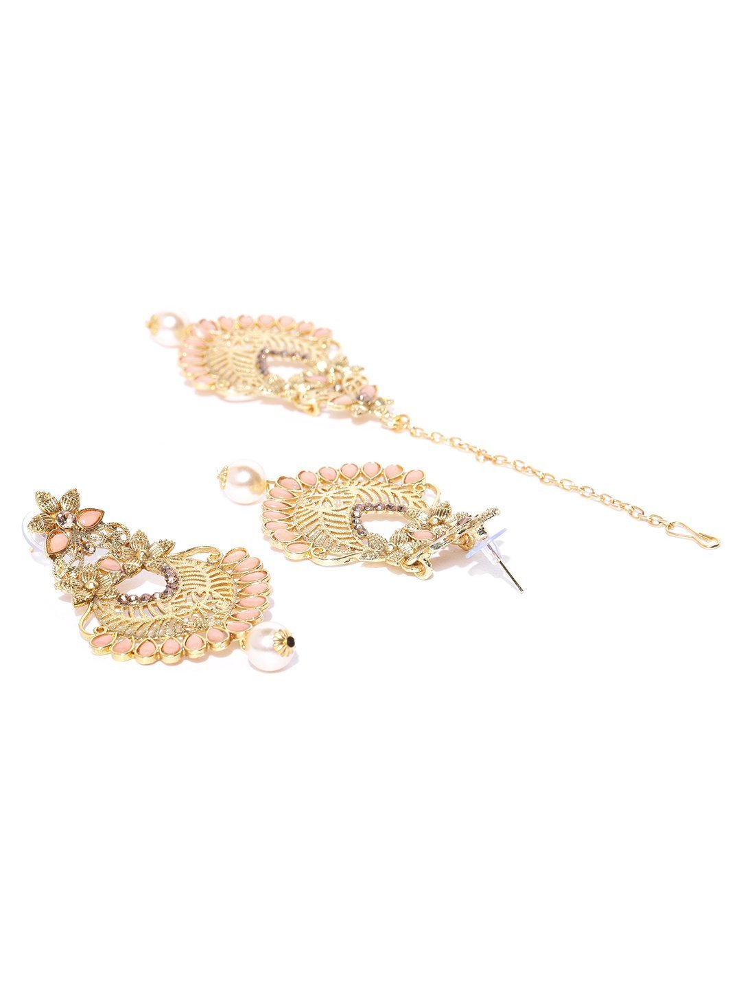 Women's Gold-Plated Peach Color Stone Studded Floral Maang Tikka With Drop Earrings Set - Priyaasi