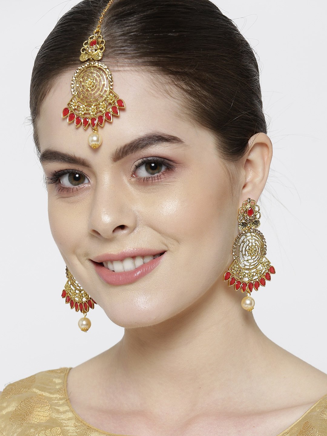 Women's Gold-Plated Red Stone Studded Round Shape Maang Tikka With Drop Earrings Set - Priyaasi