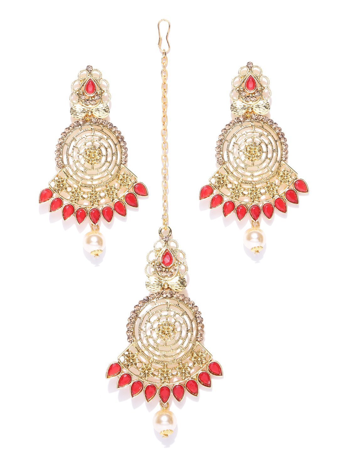 Women's Gold-Plated Red Stone Studded Round Shape Maang Tikka With Drop Earrings Set - Priyaasi