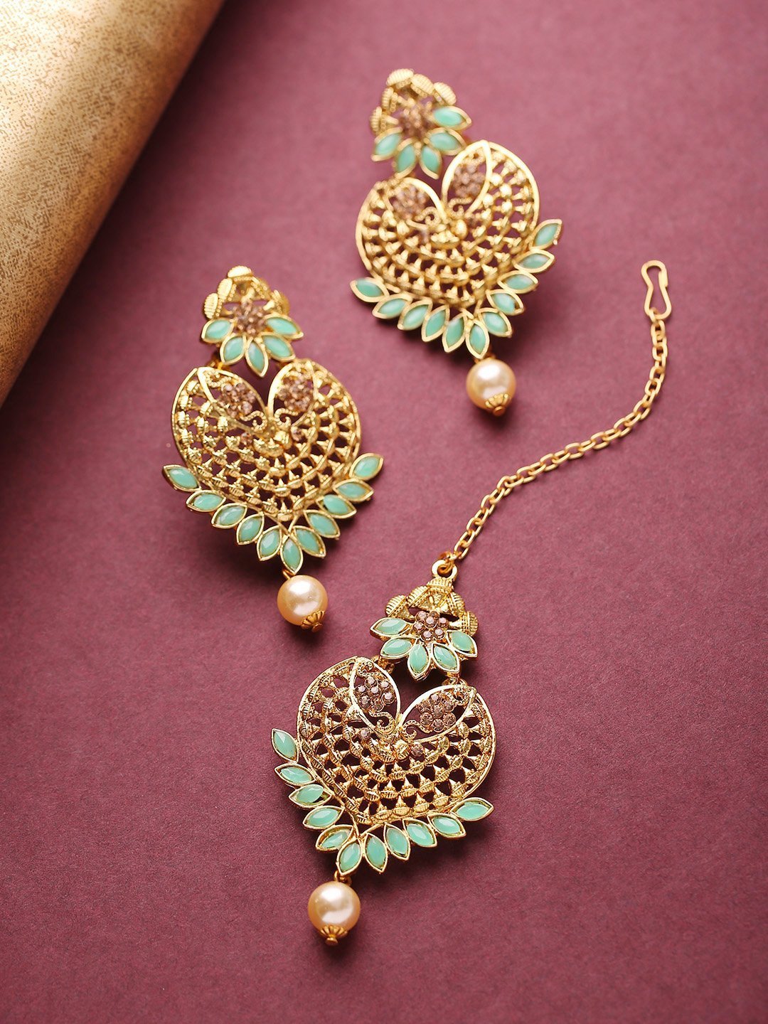 Women's Gold-Plated Mint Green Stone Studded Heart Shape Maang Tikka With Drop Earrings Set - Priyaasi