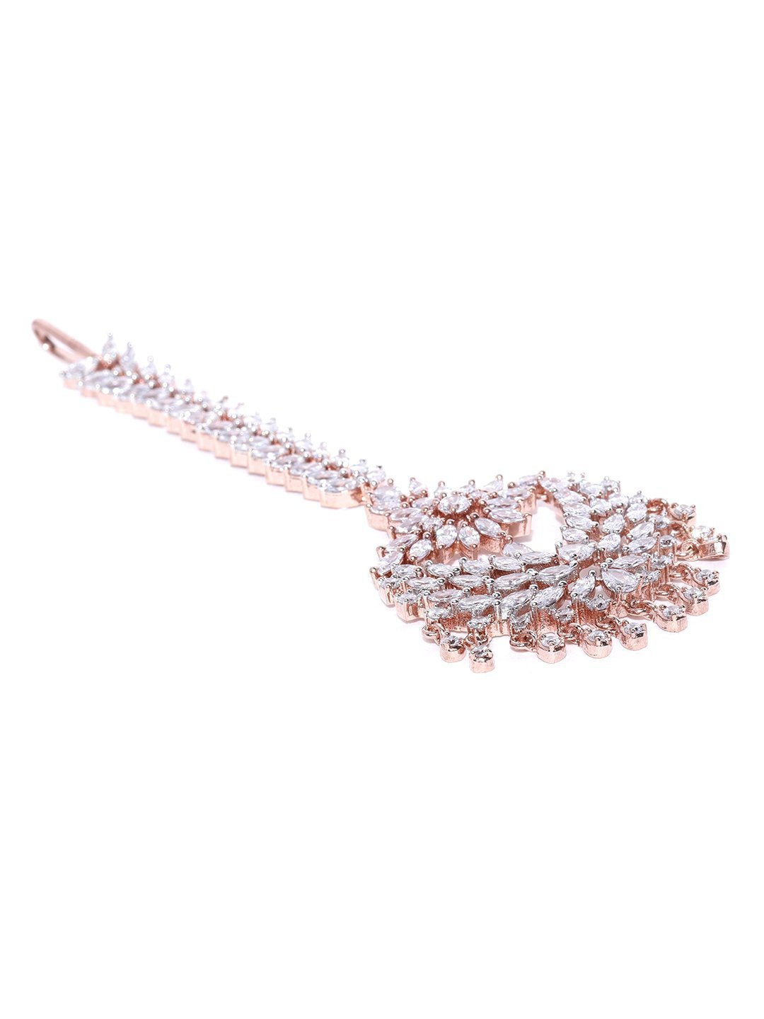 Women's Rose Gold Plated American Diamond Studded Leaf And Floral Pattern Beautiful Maang Tikka - Priyaasi