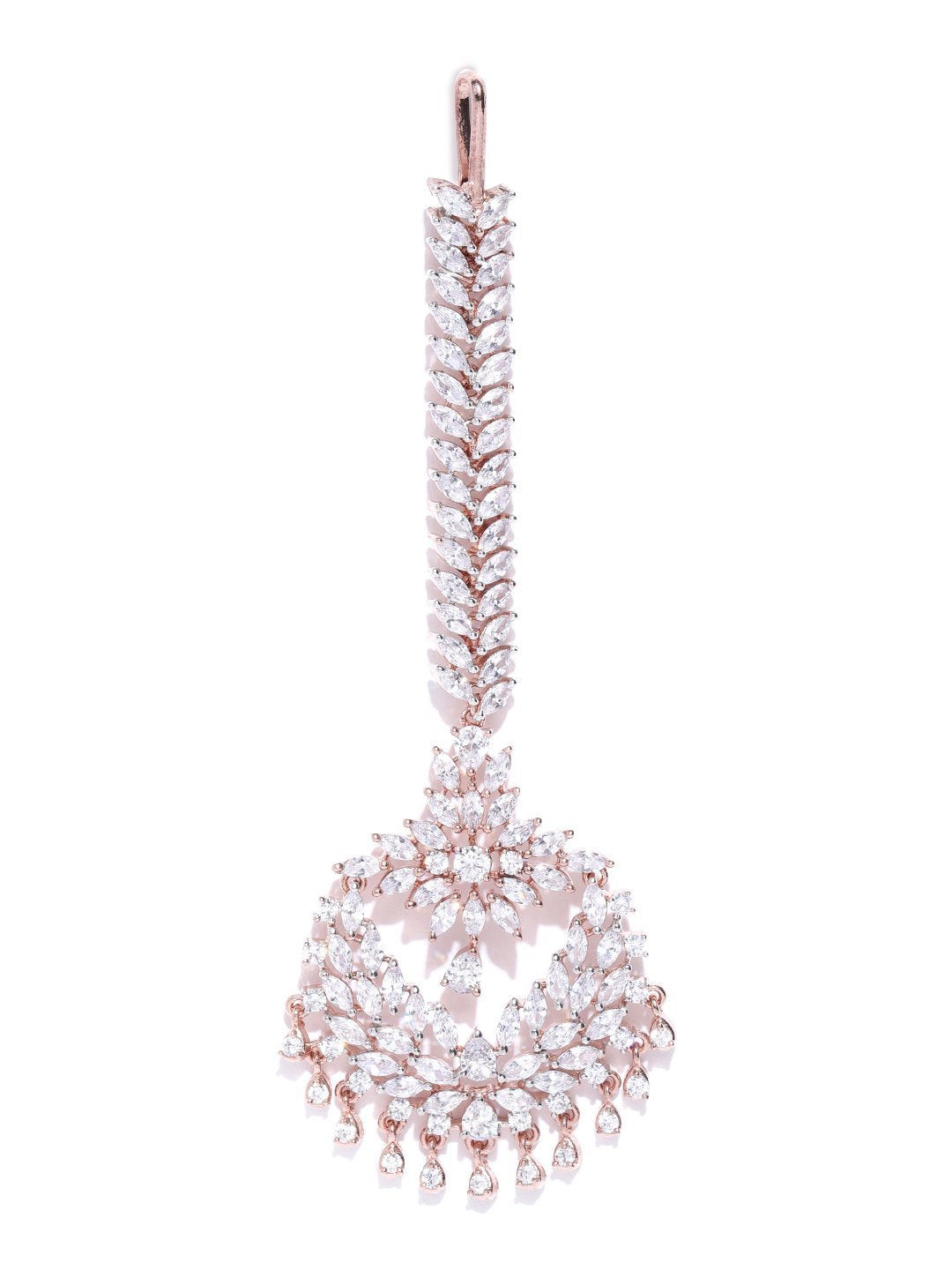 Women's Rose Gold Plated American Diamond Studded Leaf And Floral Pattern Beautiful Maang Tikka - Priyaasi