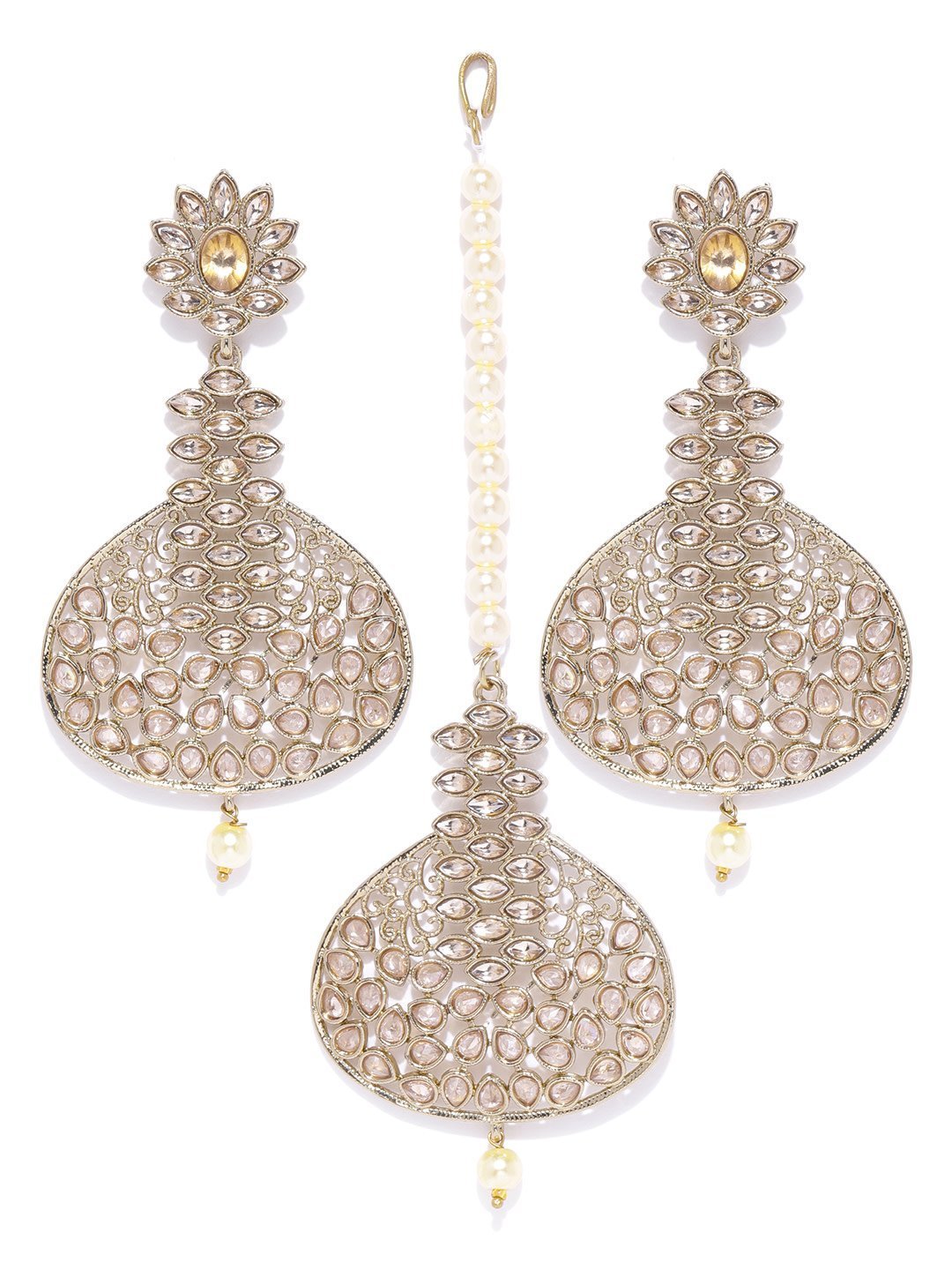 Women's Gold-Plated Stones Studded Pearls Beaded MaangTikka And Earrings Set in Floral Pattern - Priyaasi