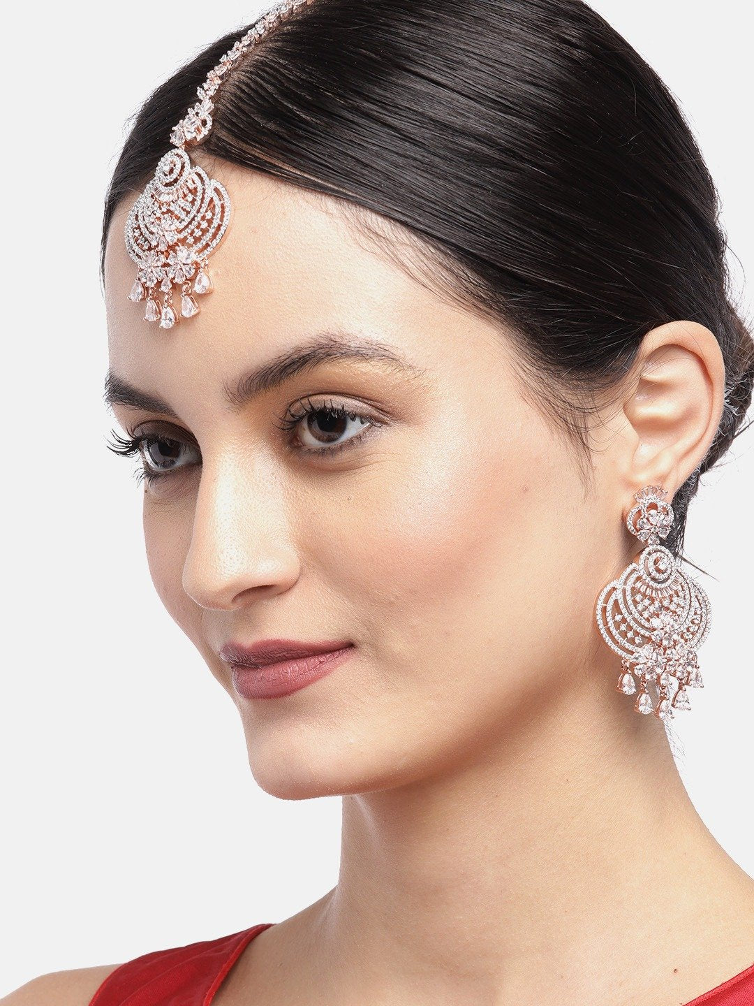 Women's Rose Gold-Plated American Diamond Studded Floral inspired MaangTikka And Earrings Set - Priyaasi