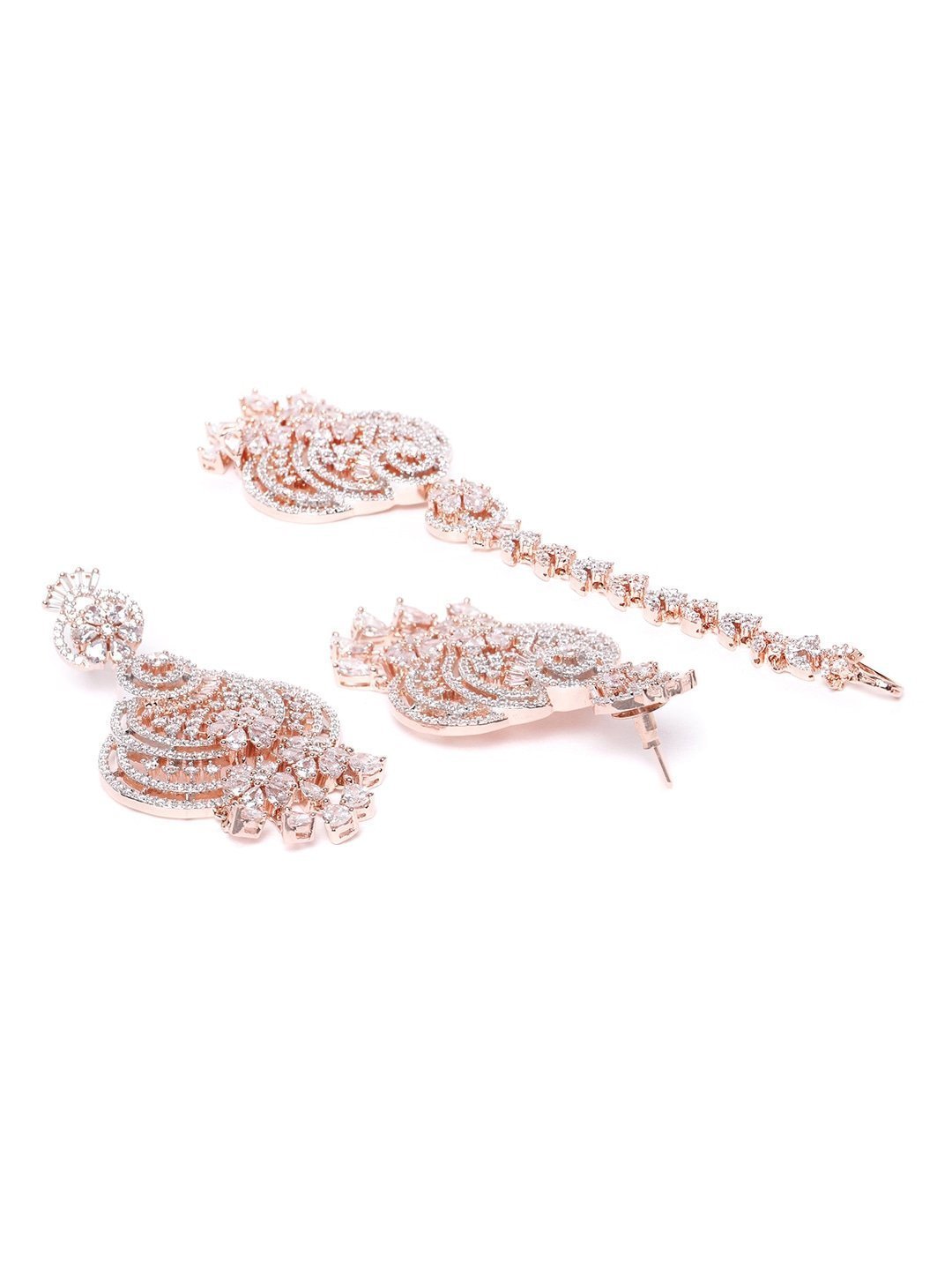 Women's Rose Gold-Plated American Diamond Studded Floral inspired MaangTikka And Earrings Set - Priyaasi