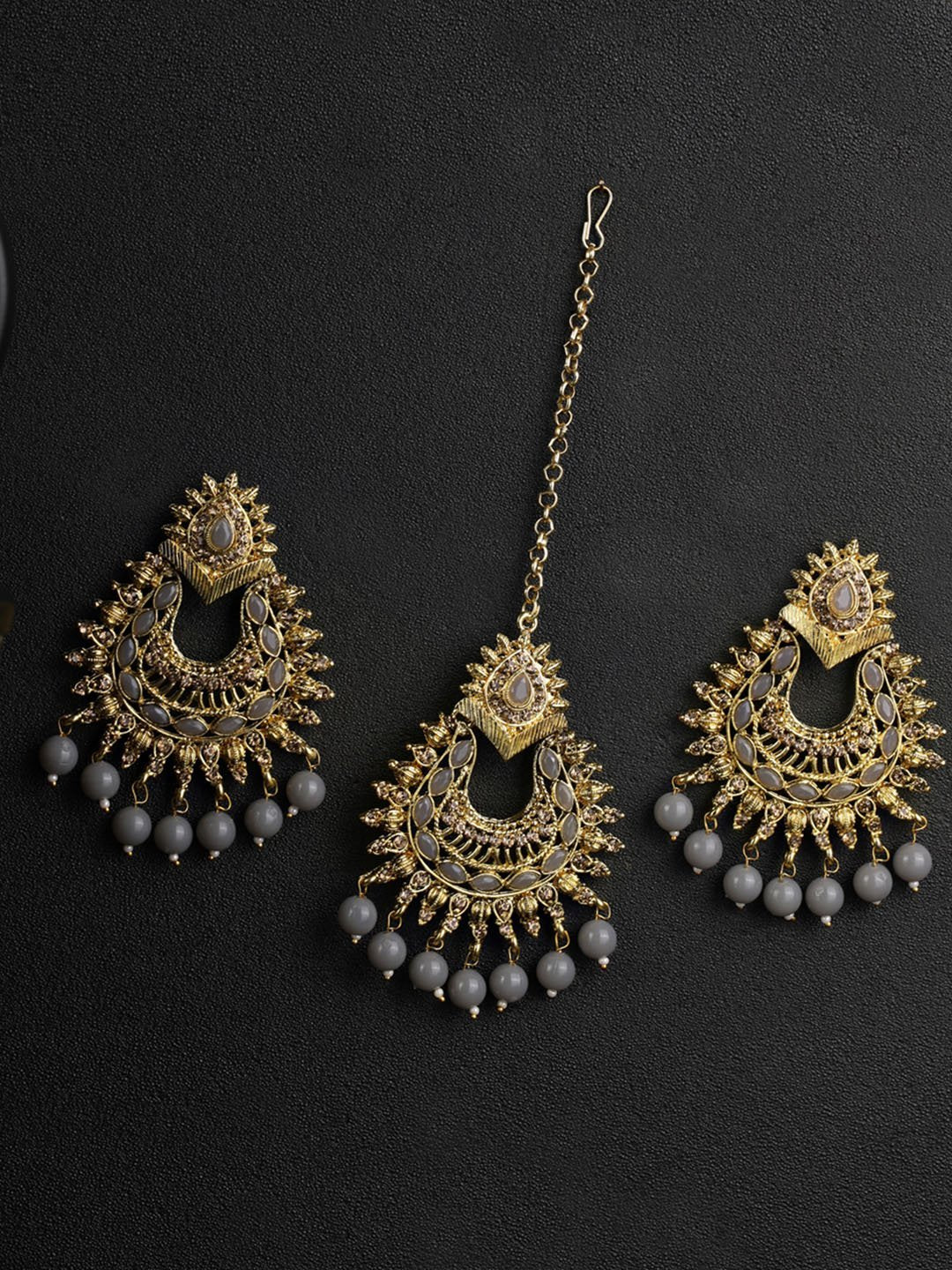 Women's Grey Stone MaangTikka Earring Set - Priyaasi