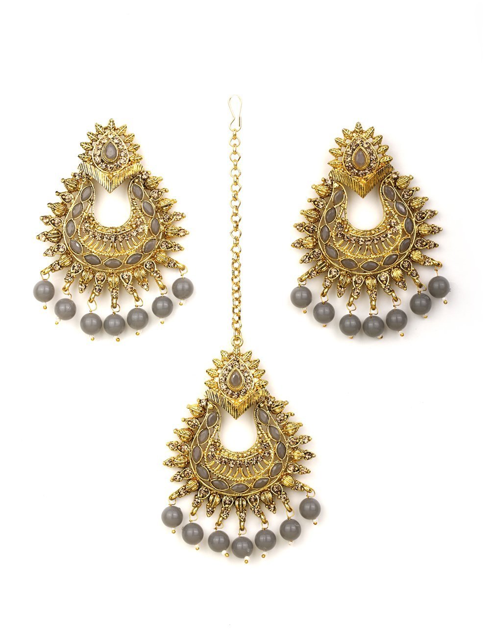 Women's Grey Stone MaangTikka Earring Set - Priyaasi