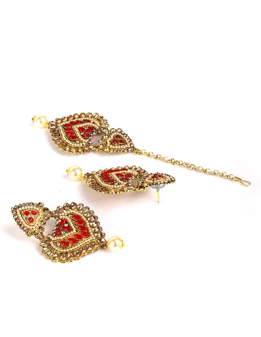 Women's Kundan Red Stone MaangTikka Earring Set - Priyaasi