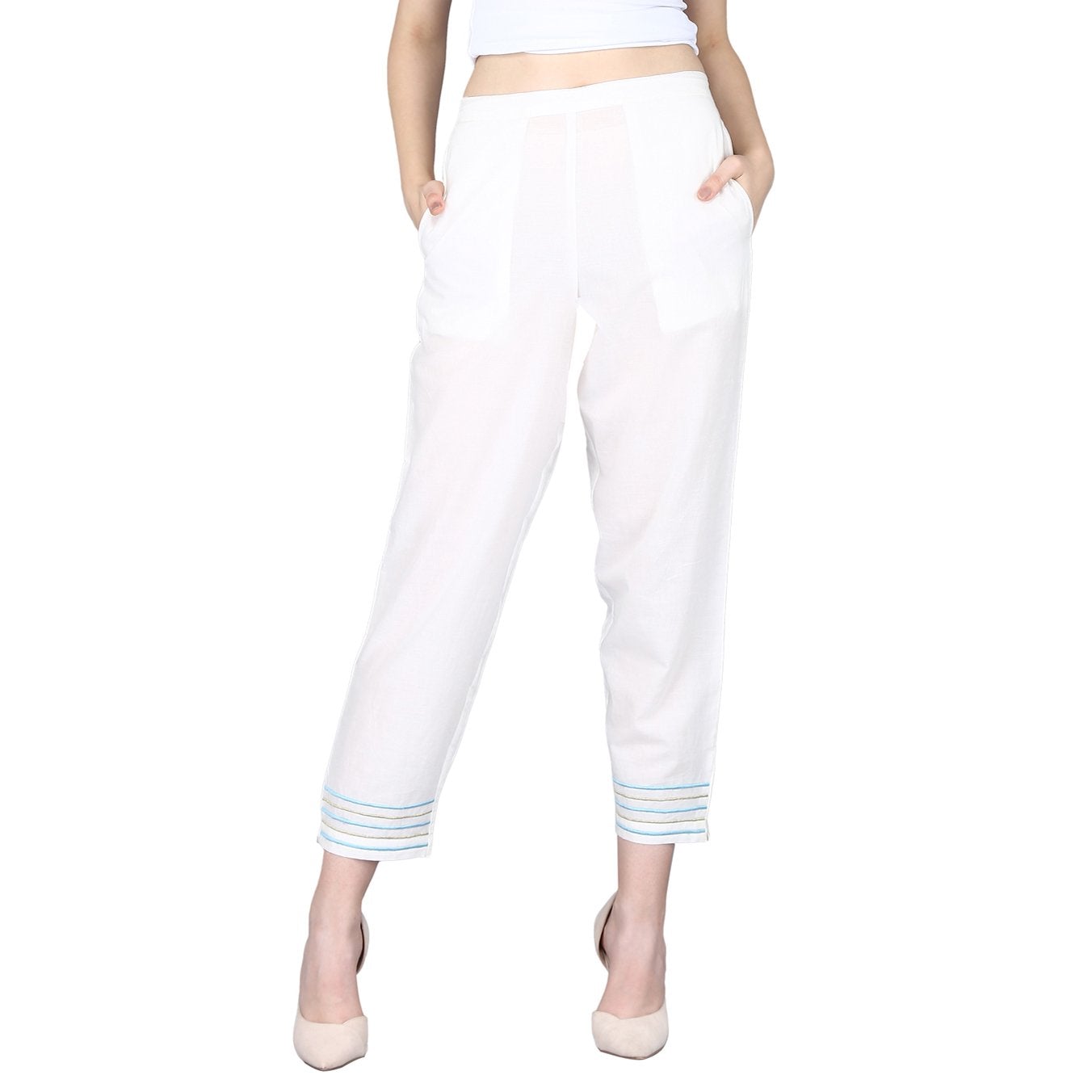 Women's Pure Cotton Embroidery Regular Fit Trouser Pants - Maaesa