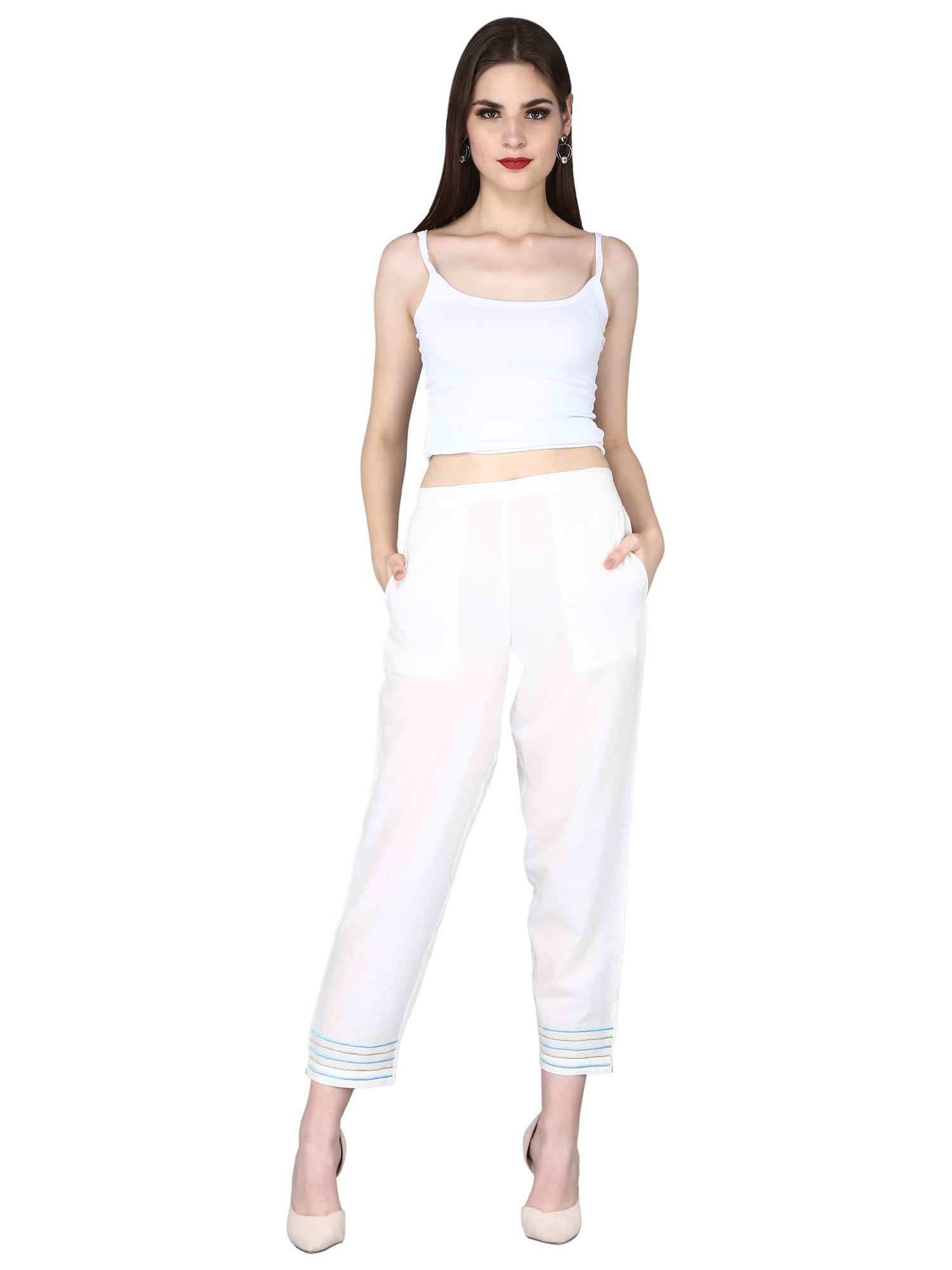 Women's Pure Cotton Embroidery Regular Fit Trouser Pants - Maaesa