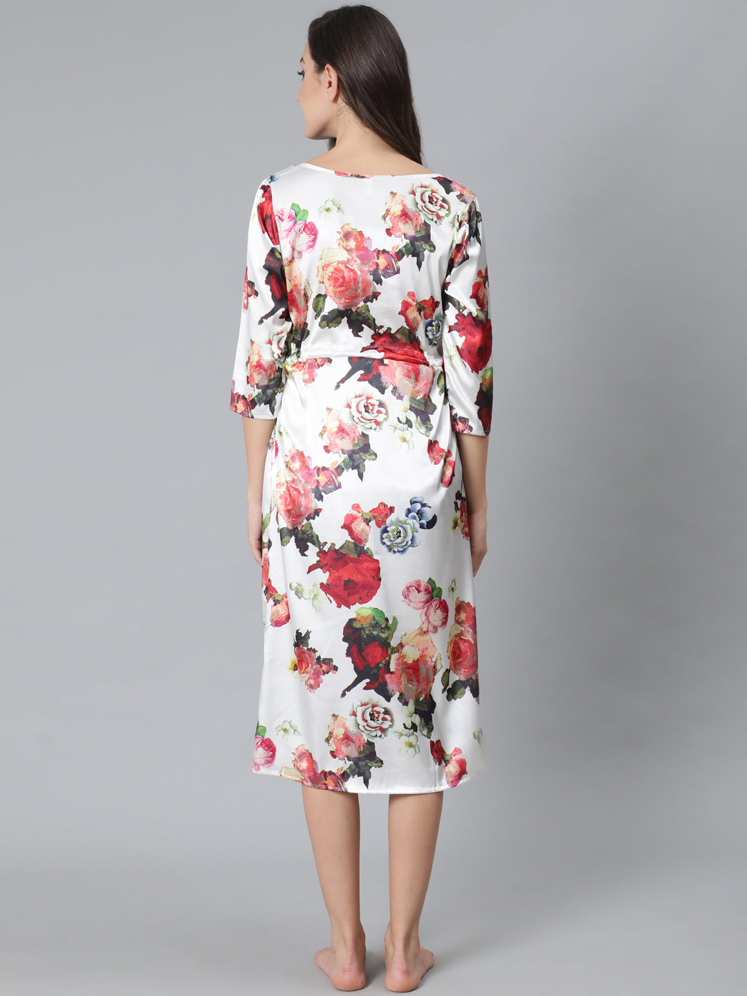 Women's White Floral Print Night Dress - Aks