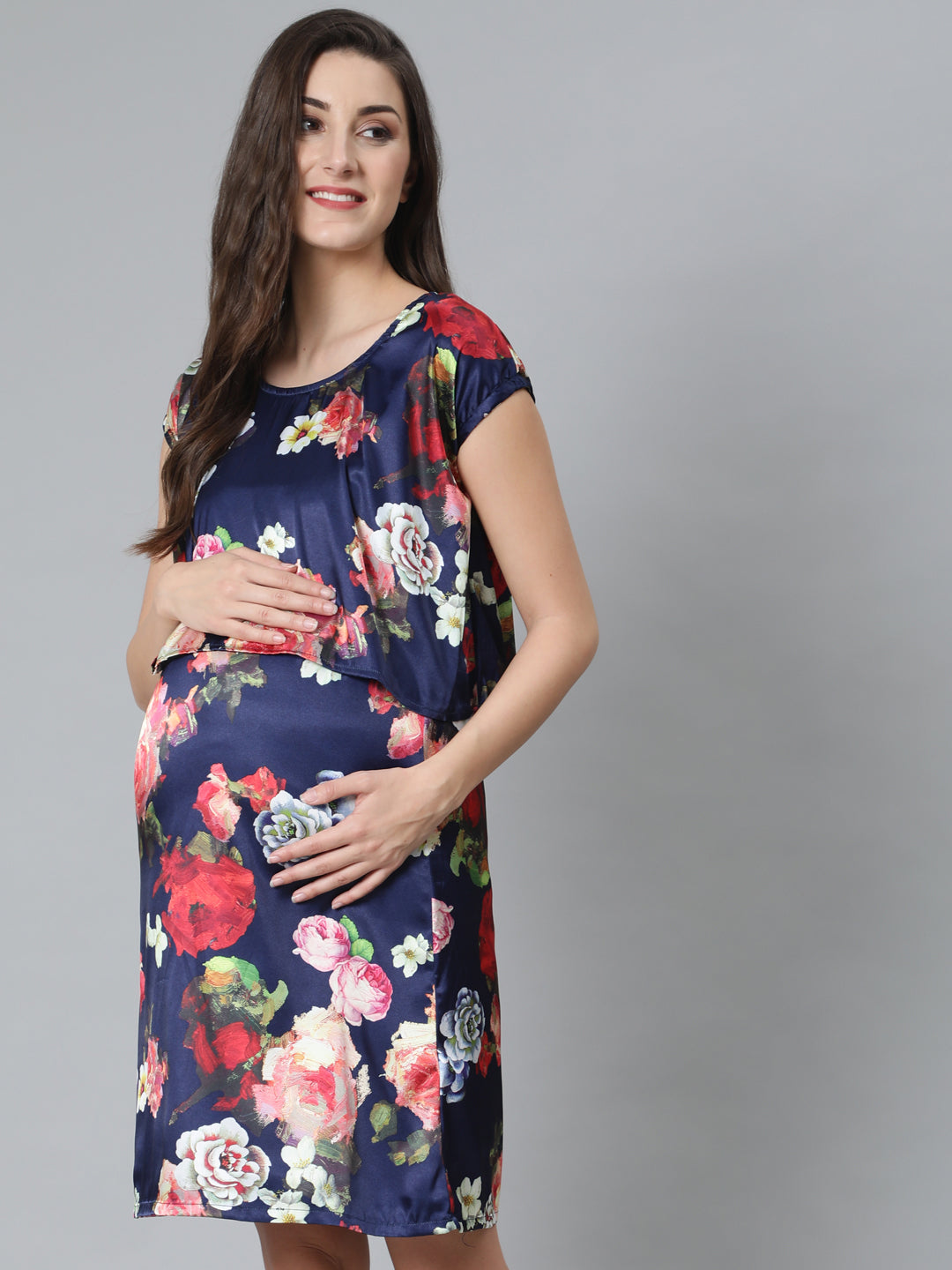 Women's Blue Floral Print Maternity Shift Dress - Aks