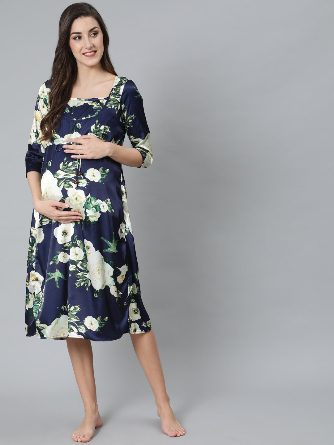 Women's Navy Blue Floral Print Maternity Dress - Aks