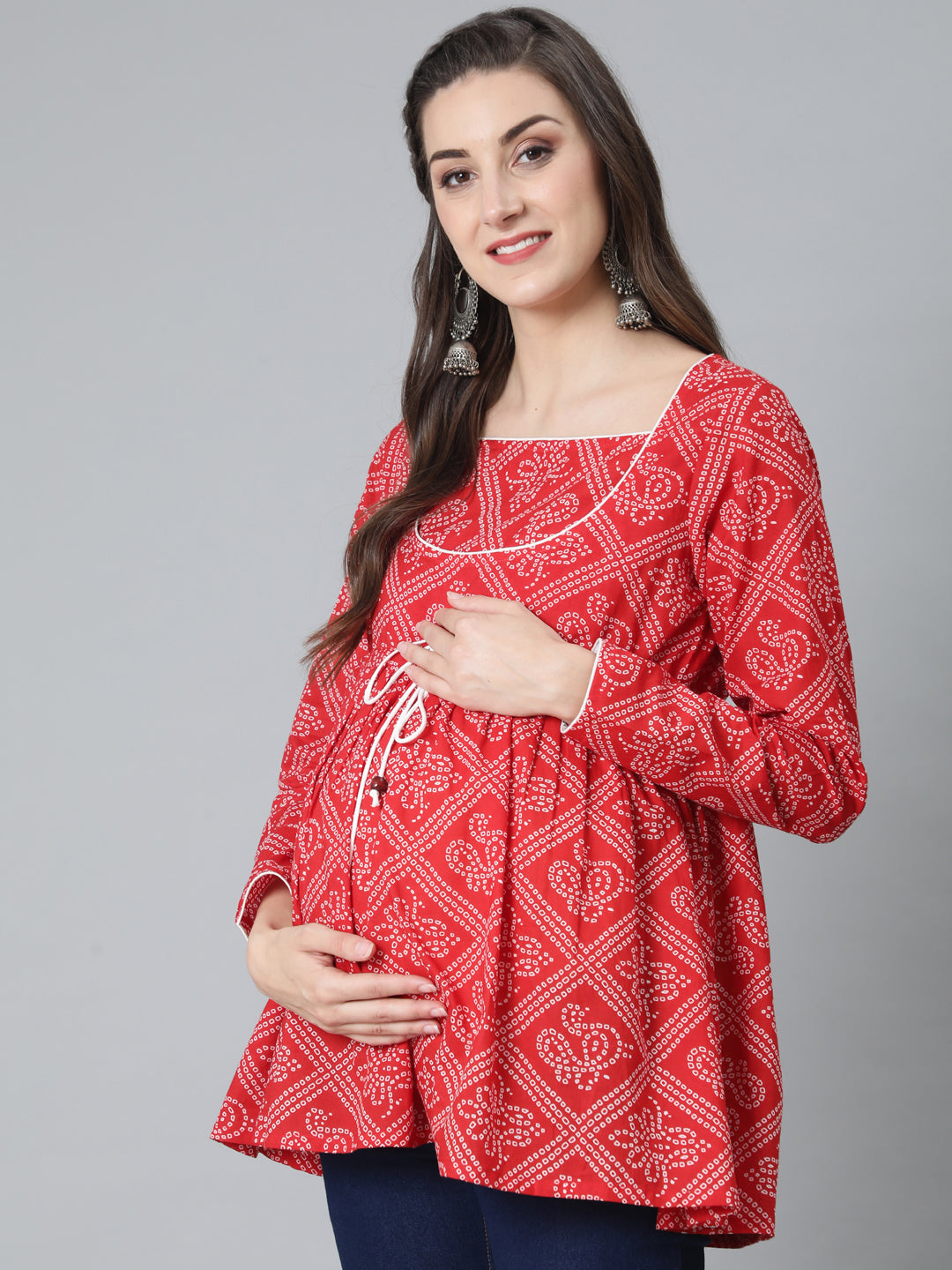 Women's Red Bandhani Print Maternity Tunic - Aks