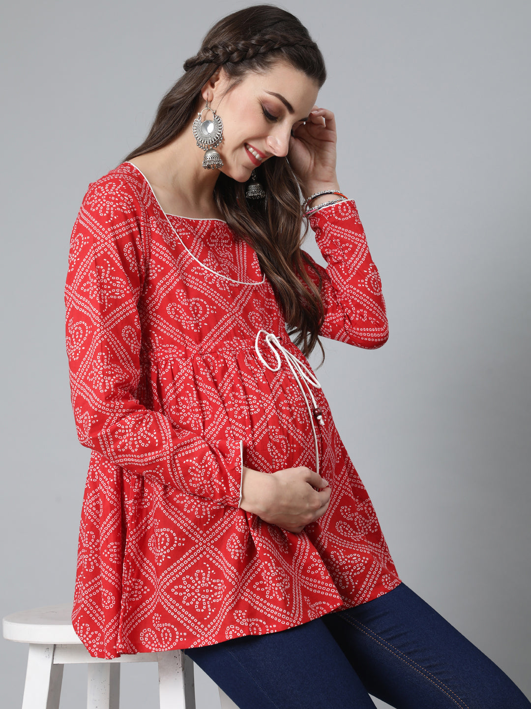 Women's Red Bandhani Print Maternity Tunic - Aks