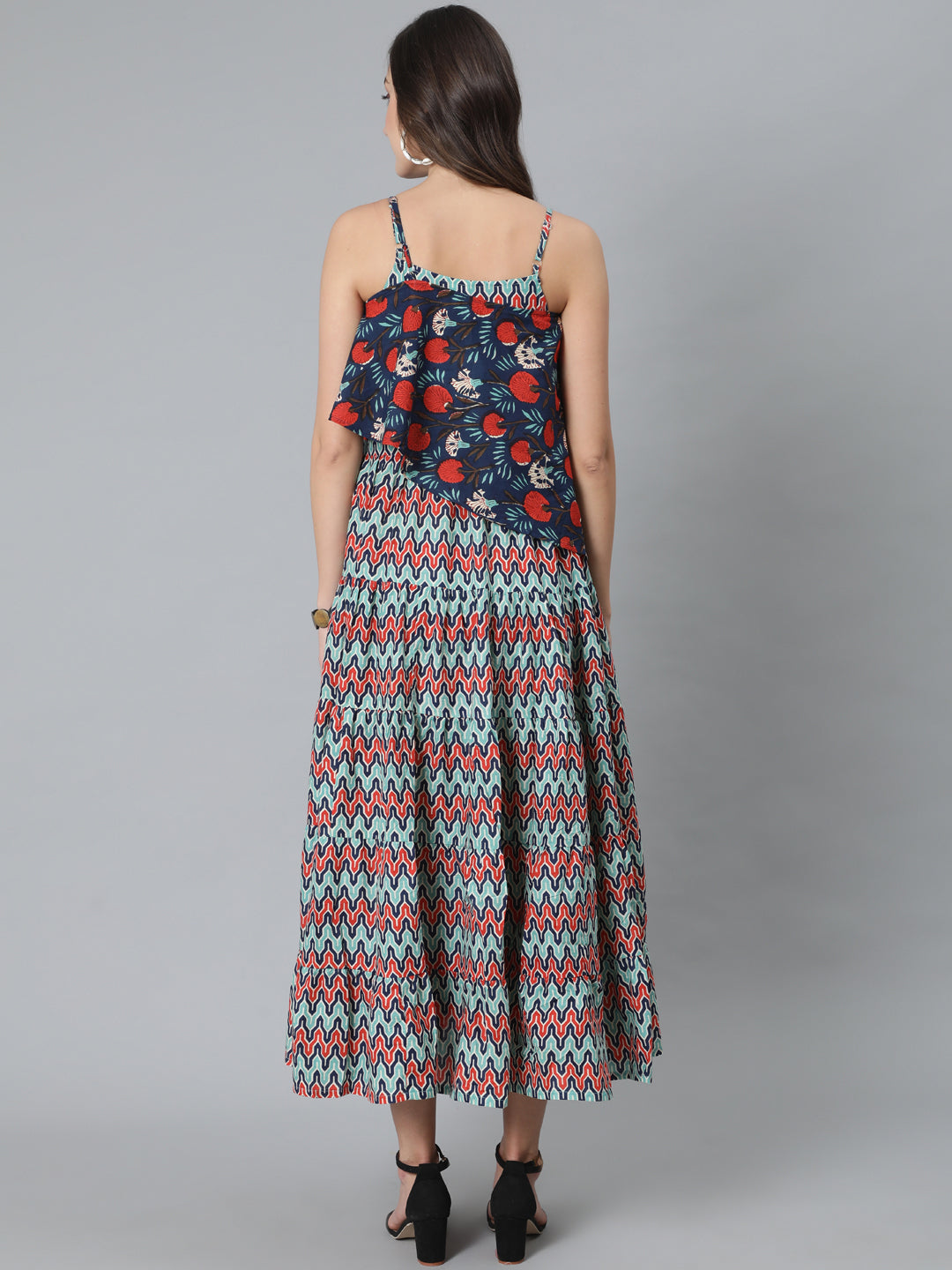 Women's Blue Printed Maxi Dress With Cape Top - Aks