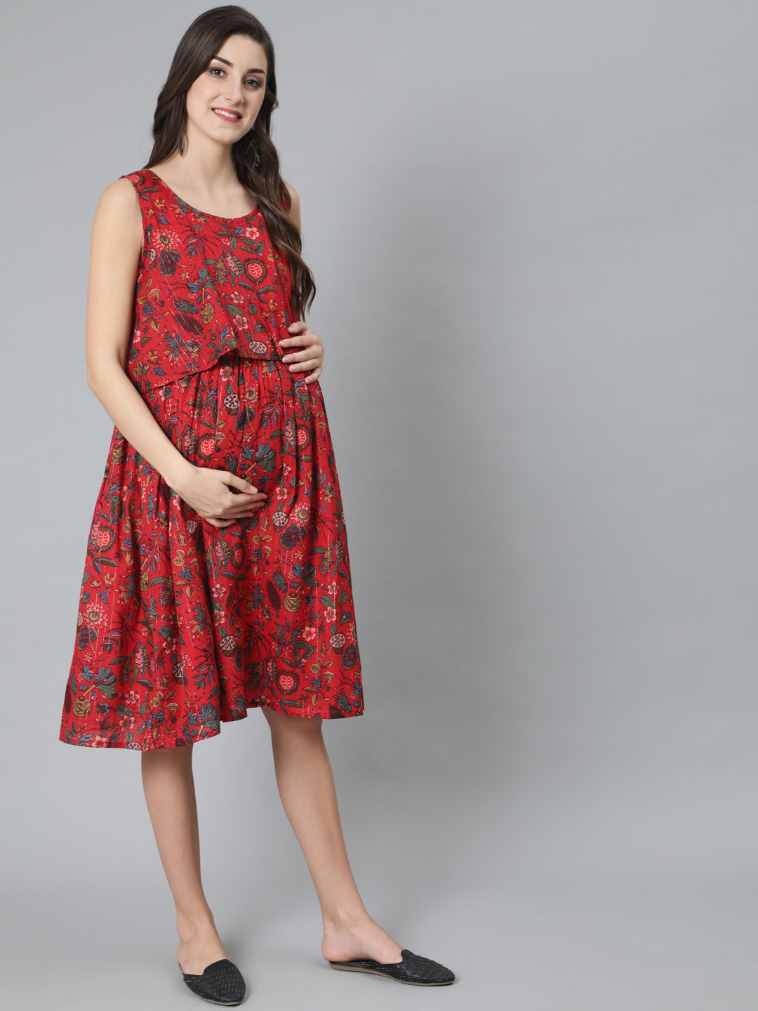 Women's Red Floral Print Dress - Aks