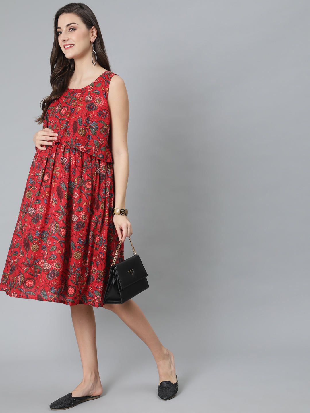 Women's Red Floral Print Dress - Aks