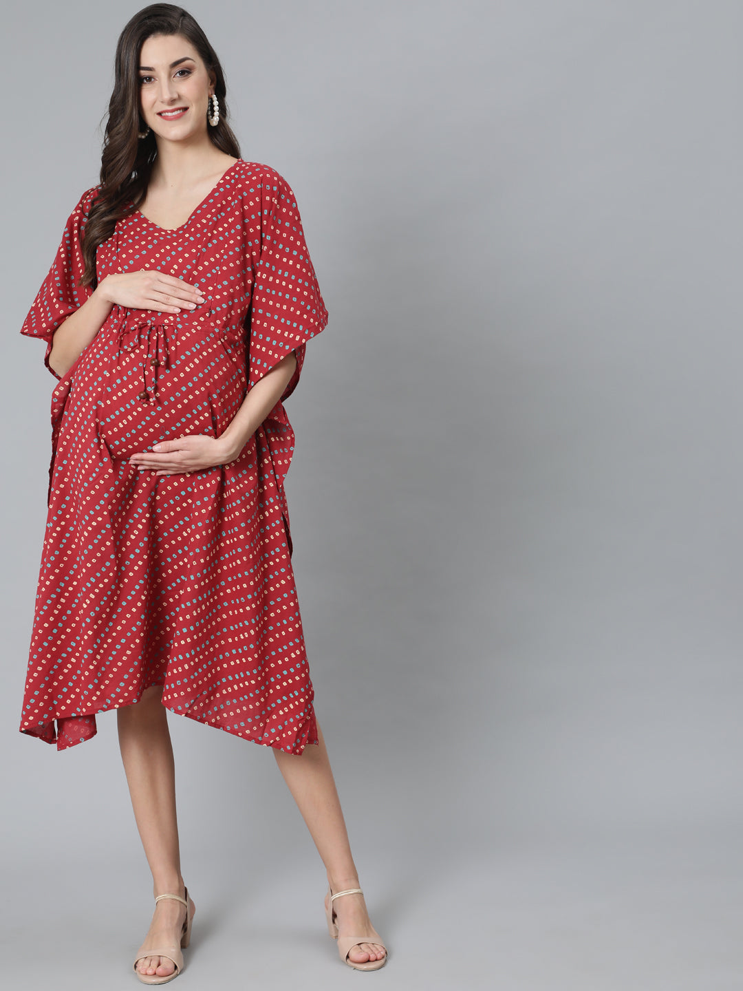 Women's Maroon Bandhani Print Maternity Kaftan Dress - Aks