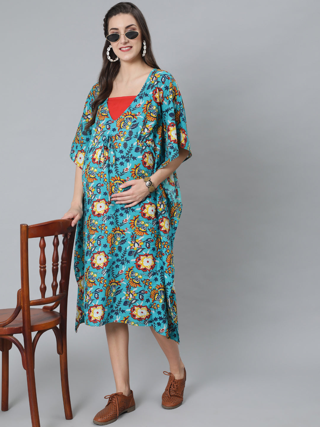 Women's Green Floral Print Kaftan Dress - Aks